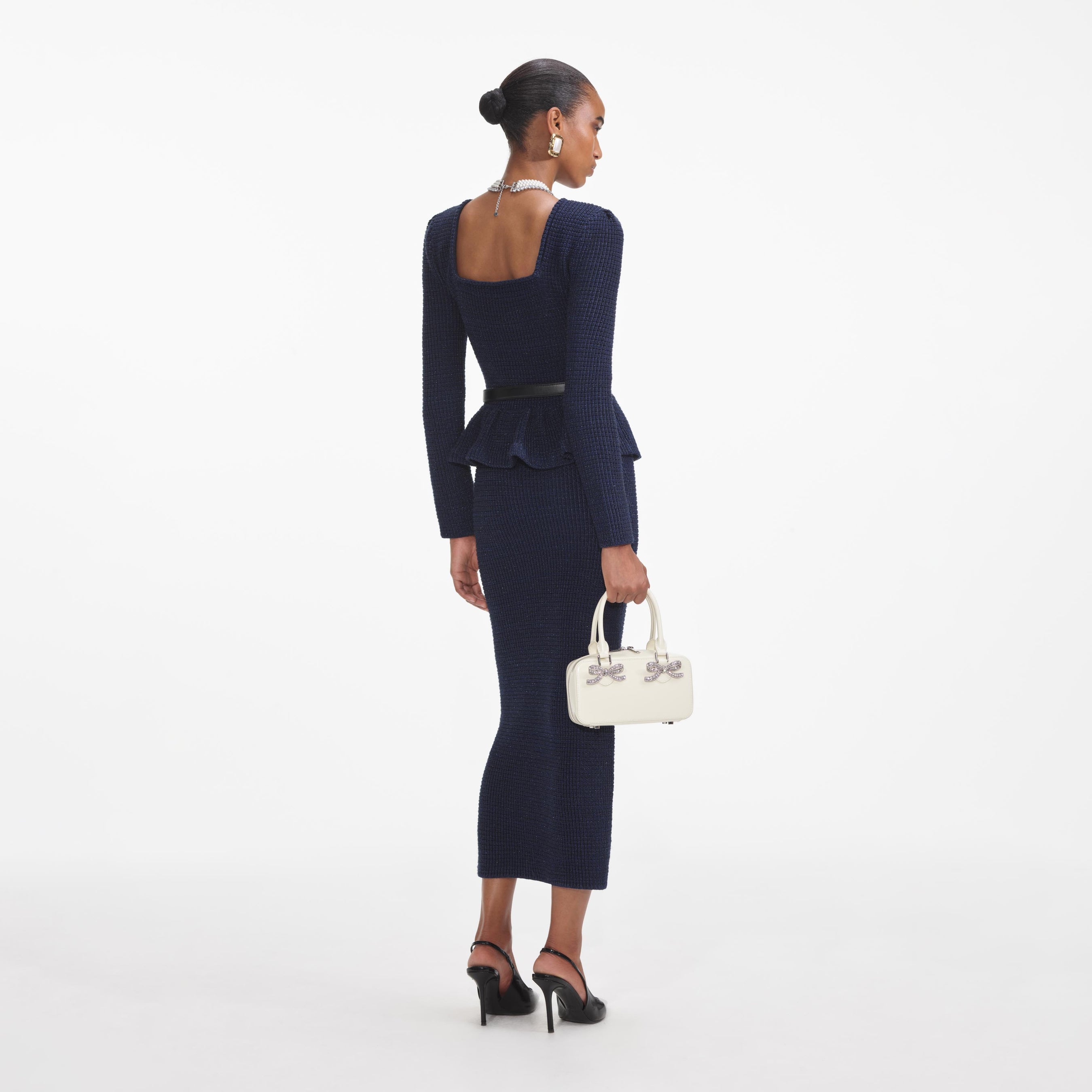 Navy Knit Peplum Midi Dress