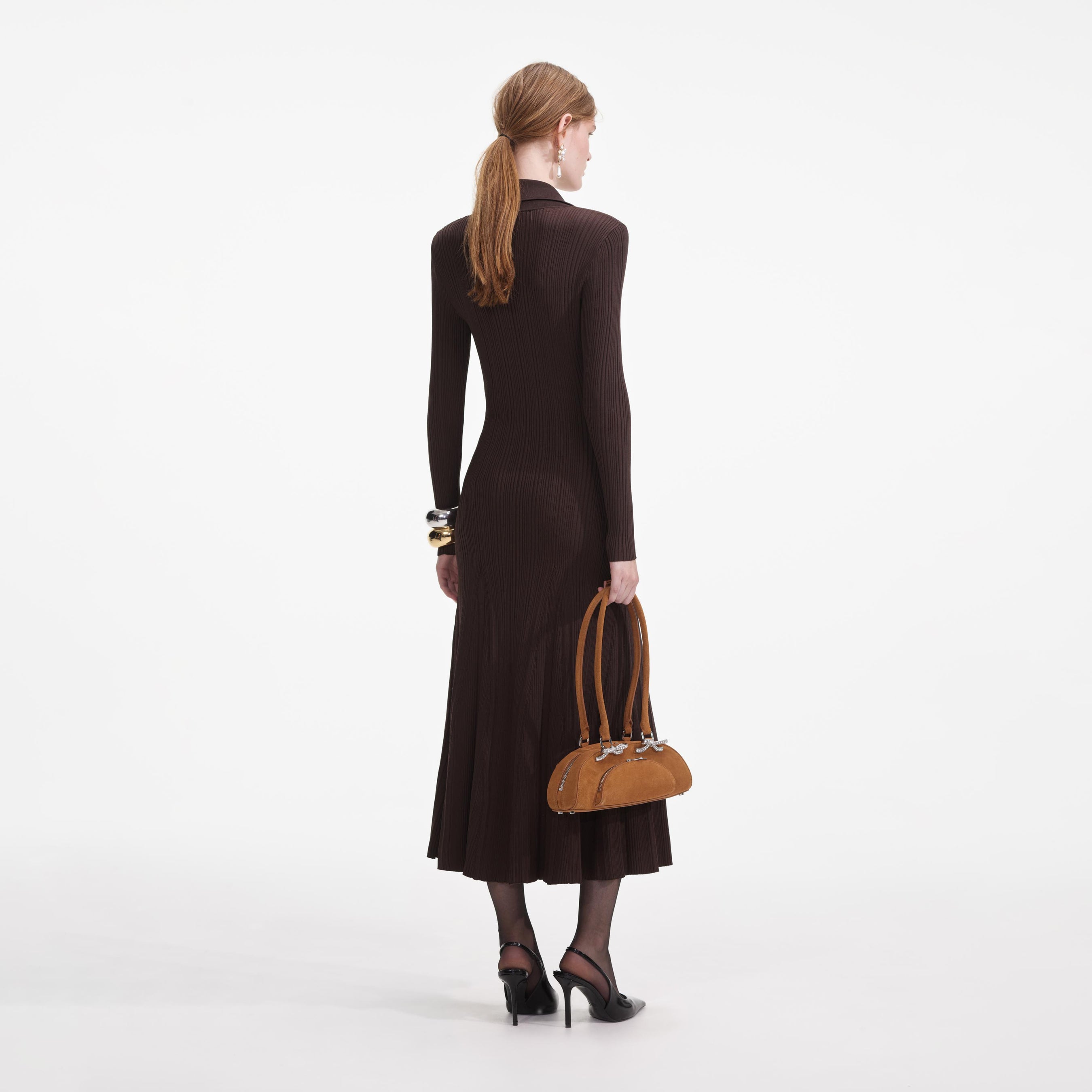 Brown Viscose Rib Knit Midi Dress