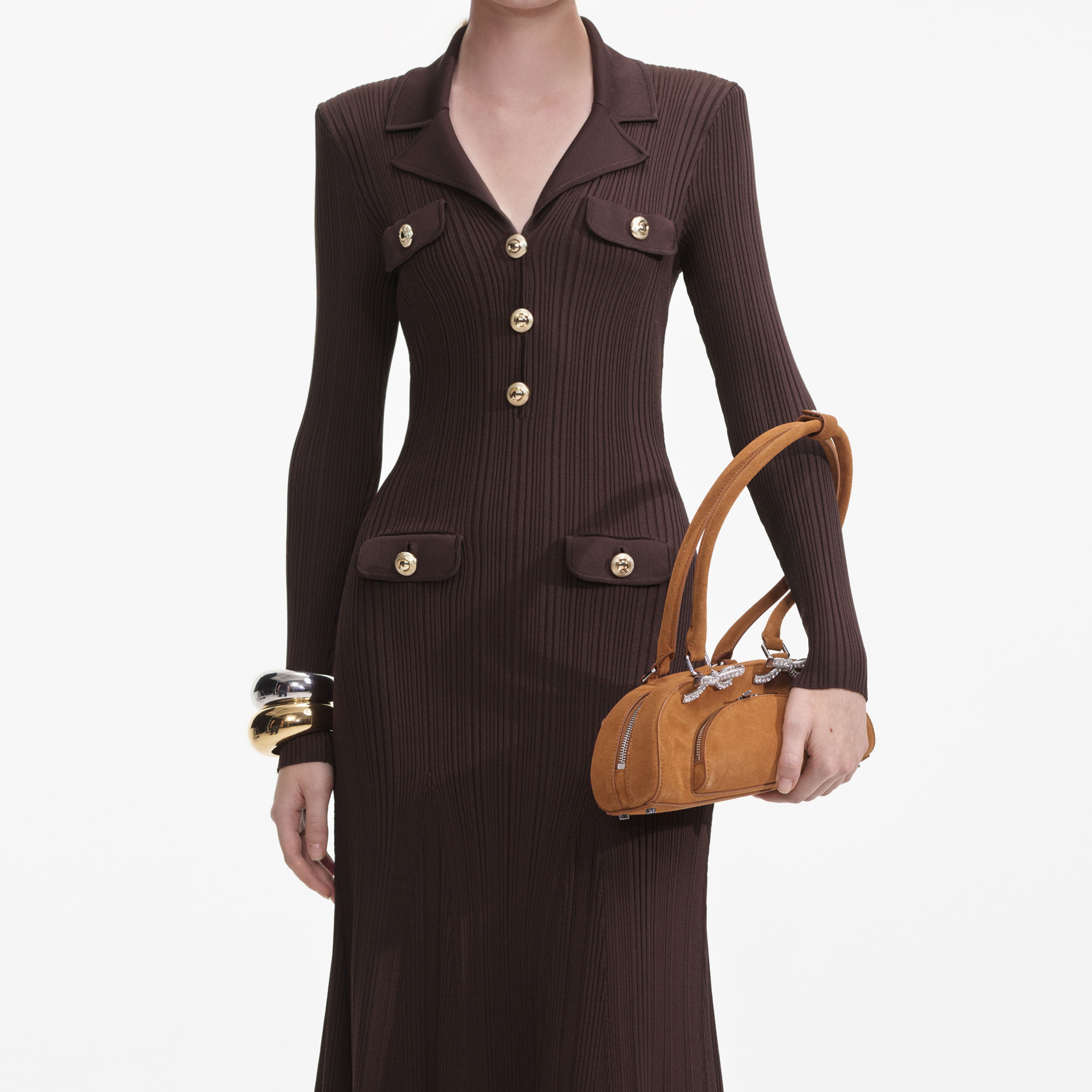 Brown Viscose Rib Knit Midi Dress