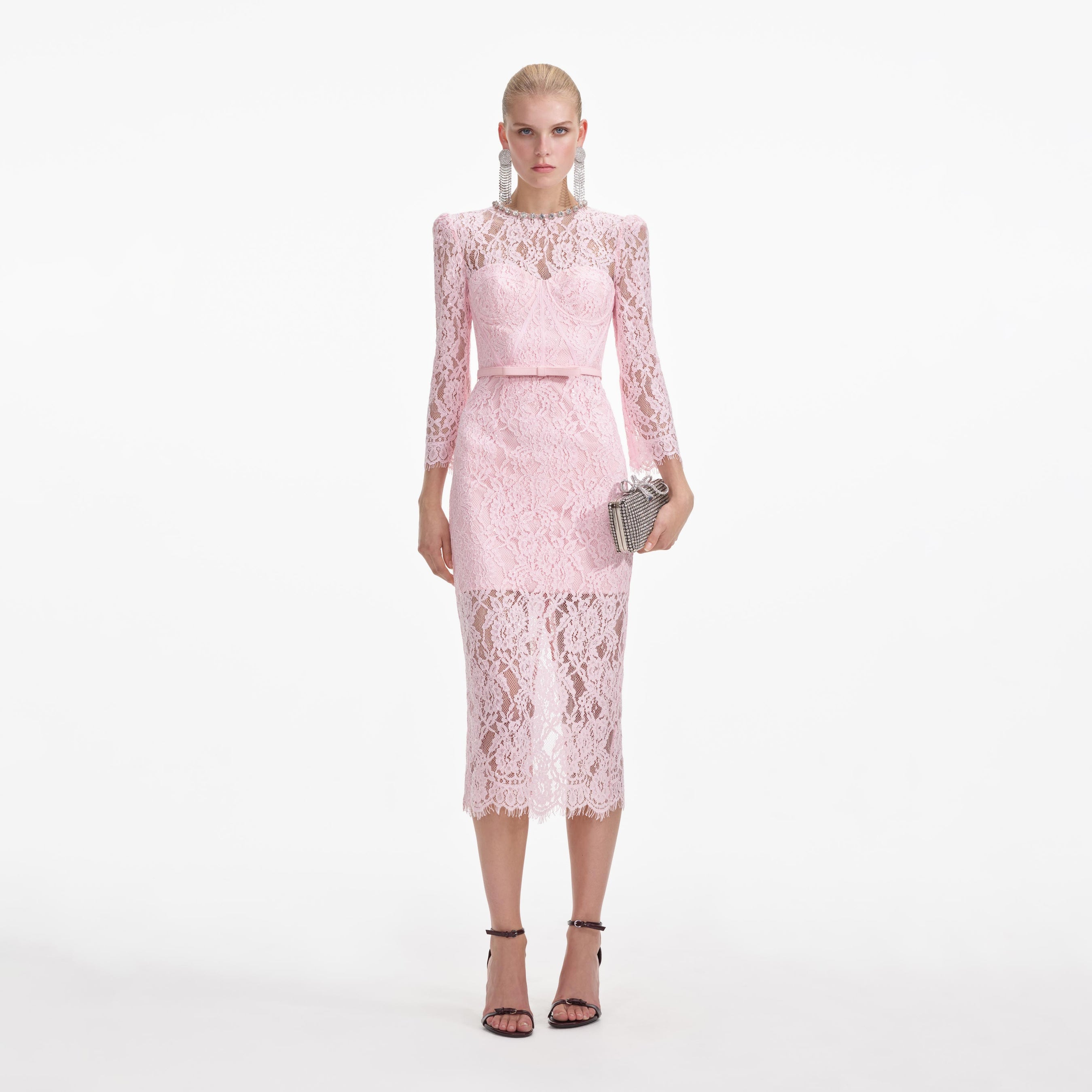 Pink Lace Bustier Midi Dress