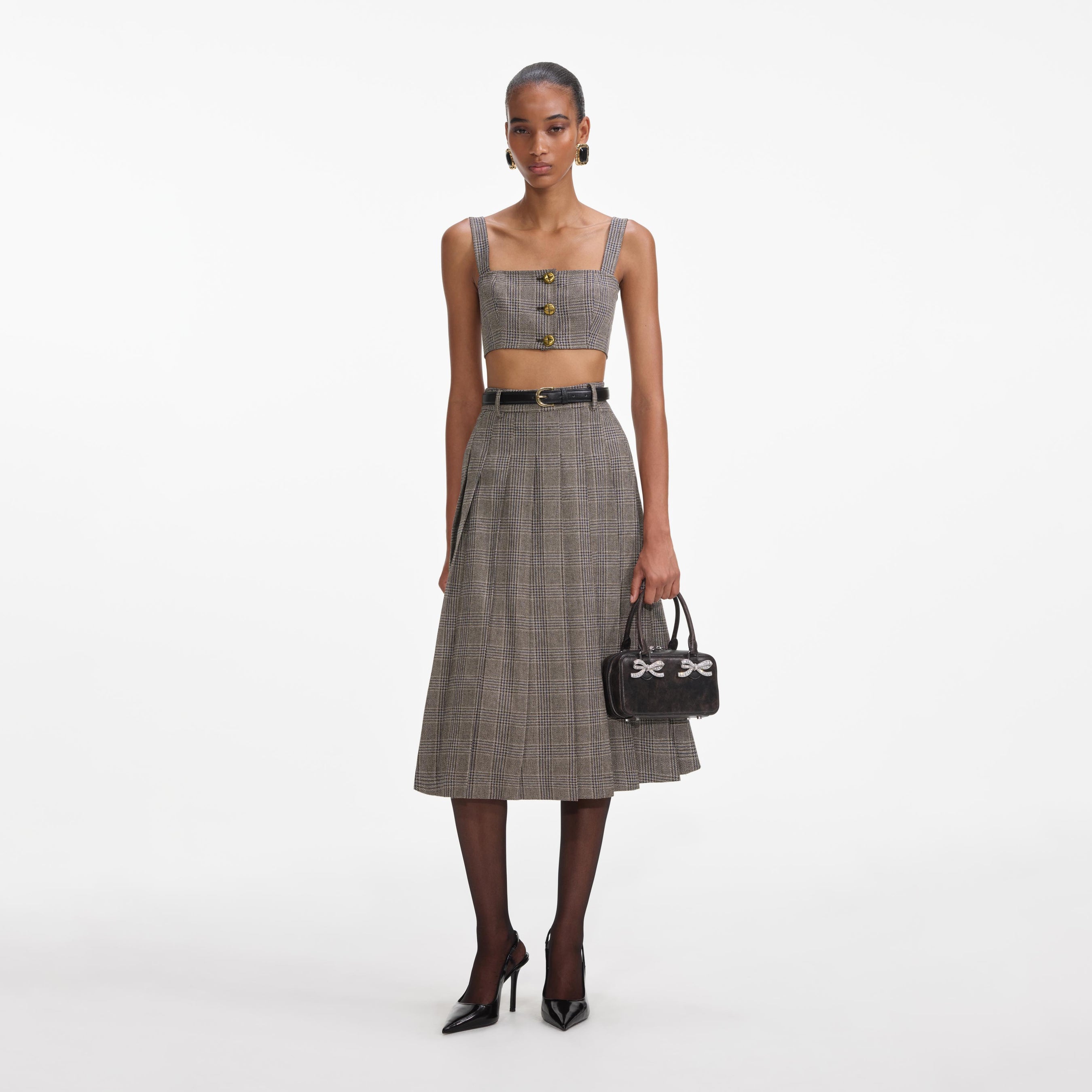 Brown Check Pleated Midi Skirt