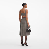 Brown Check Pleated Midi Skirt