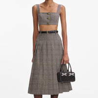 Brown Check Pleated Midi Skirt