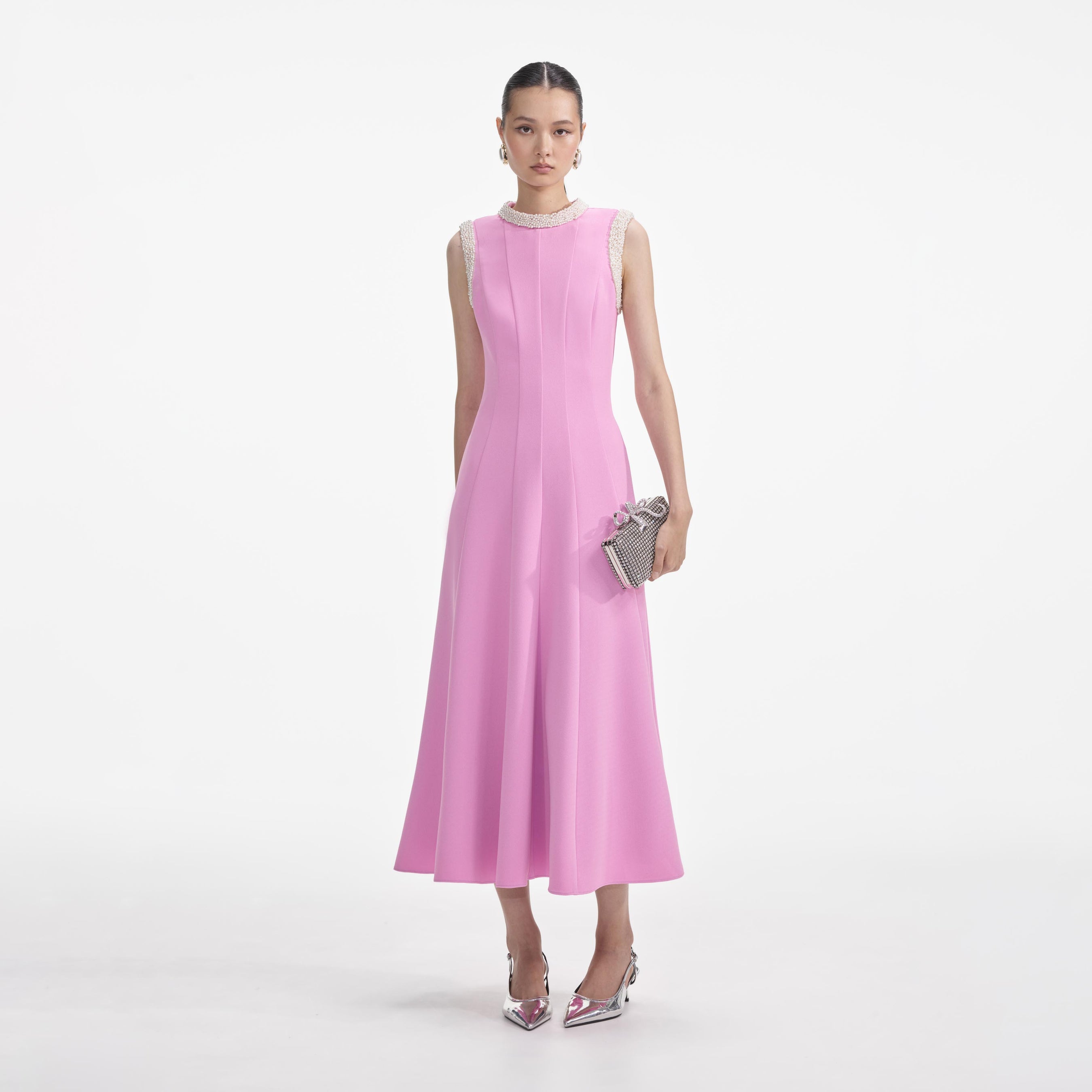 Pink Crepe Pearl Trim Midi Dress