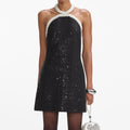 Black Boucle Pearl Trim Mini Dress