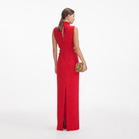 Red Rhinestone Crepe Maxi Dress