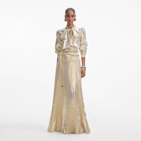 Gold Metallic Pussy Bow Maxi Dress