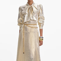 Gold Metallic Pussy Bow Maxi Dress