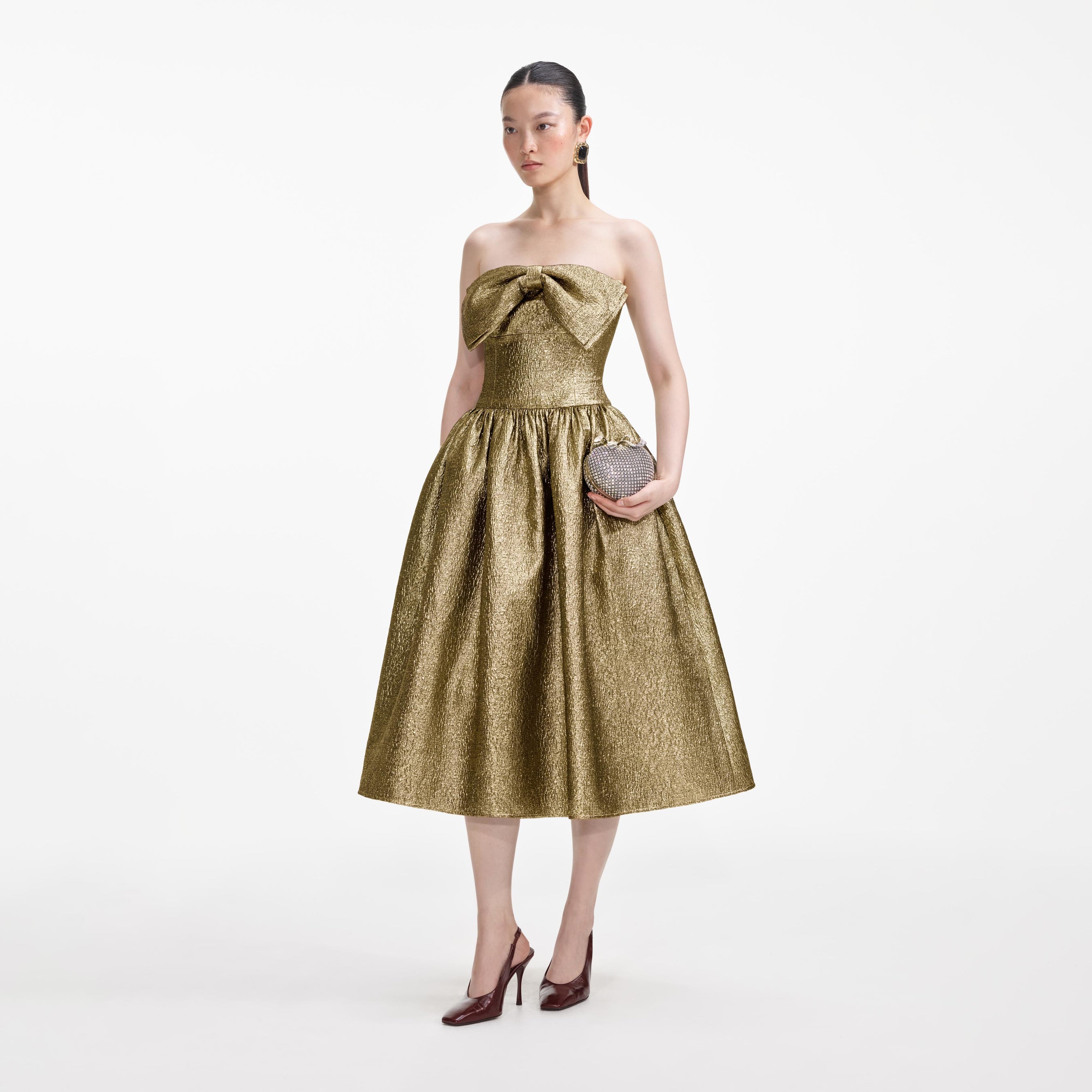 Gold Metallic Jacquard Midi Dress