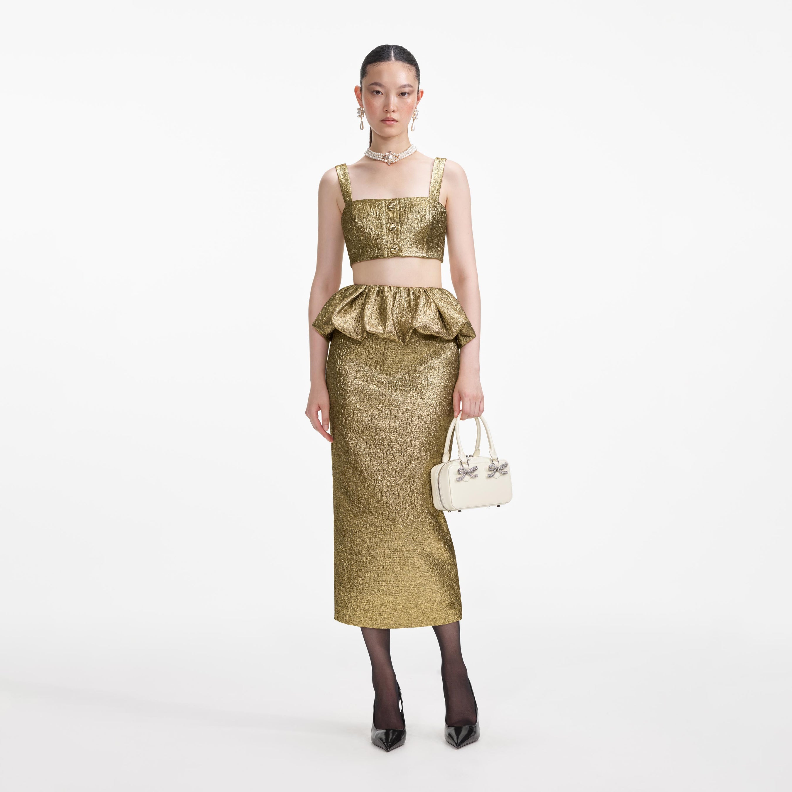 Gold Metallic Jacquard Midi Skirt