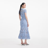 Blue Flower Lace Contrast Collar Midi Dress