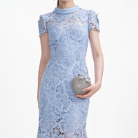 Blue Flower Lace Contrast Collar Midi Dress