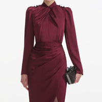 Burgundy Satin Midi Dress