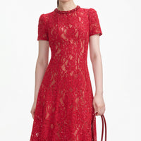 Red Sequin Lace Midi Dress