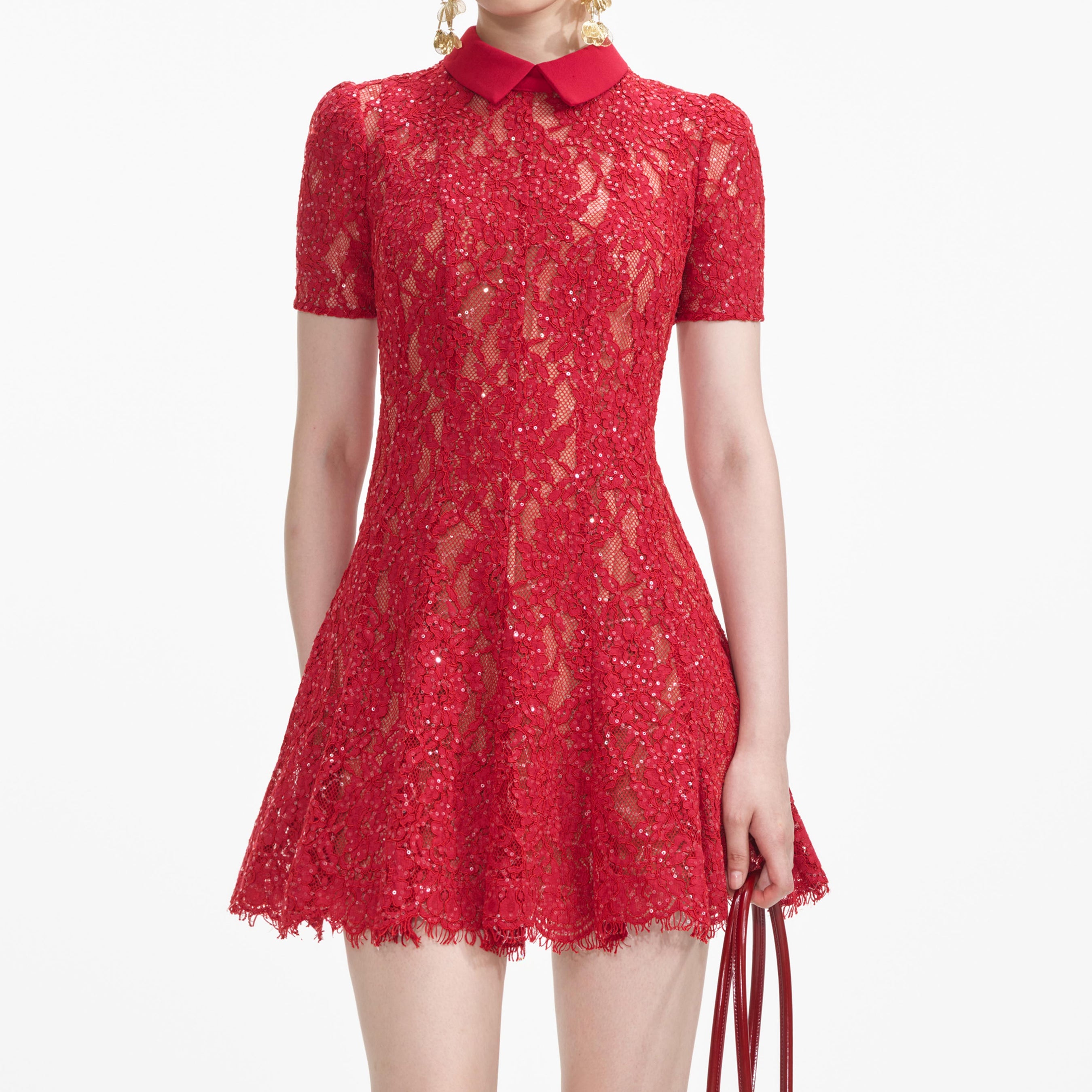 Red Sequin Lace Mini Dress