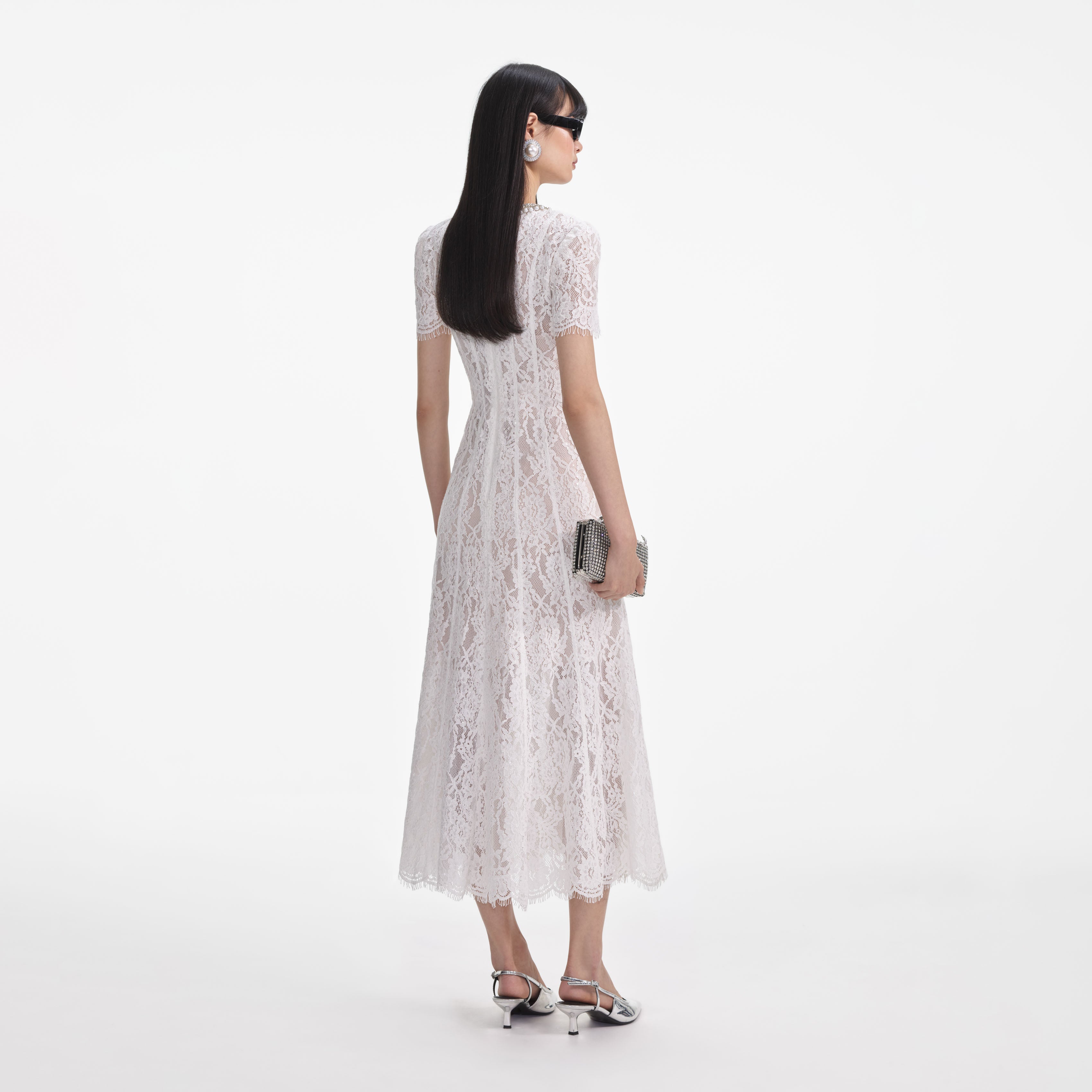 White Sequin Lace Midi Dress