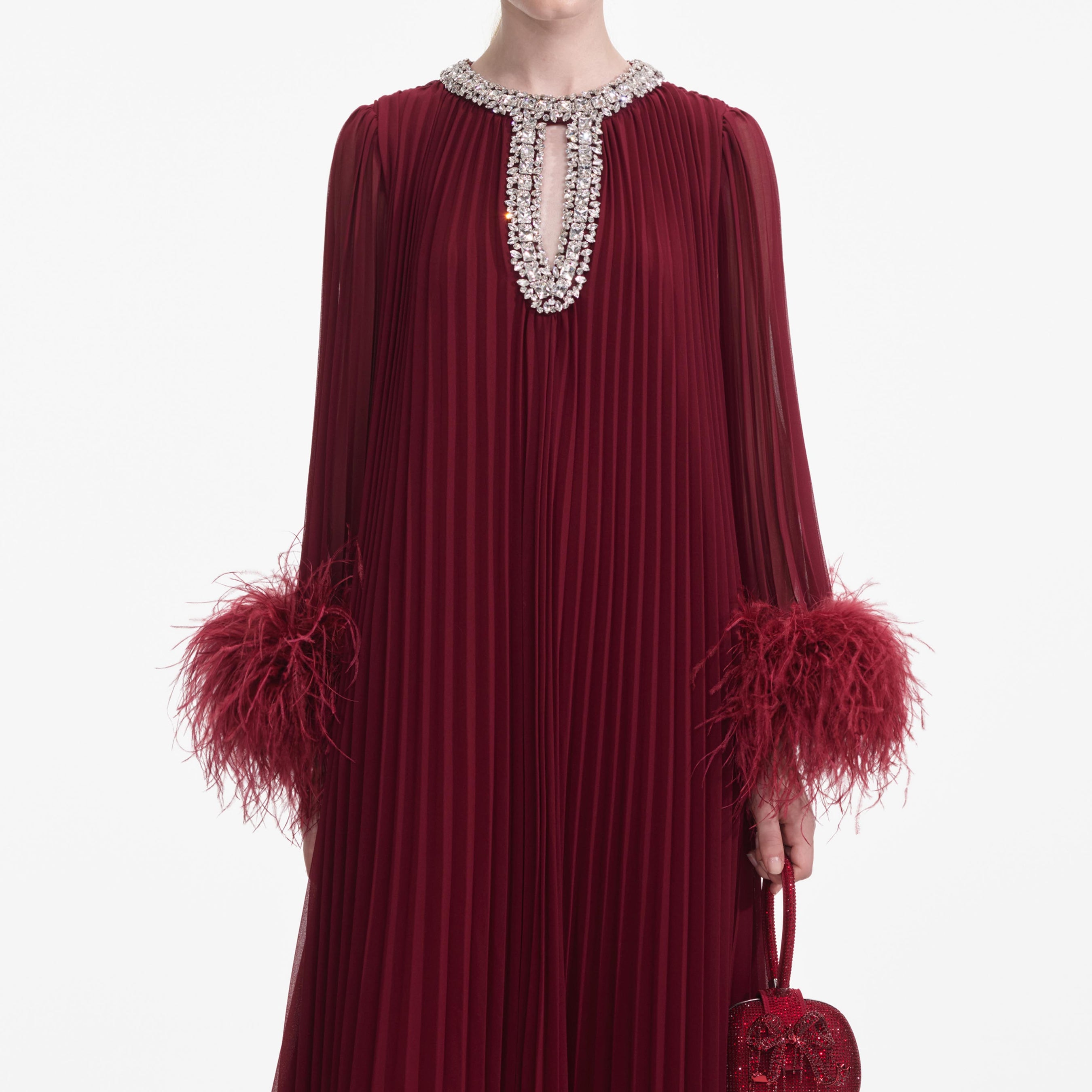 Burgundy Chiffon Feather Midi Dress