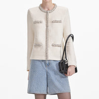 Cream Textured Knit Embellished Cardigan