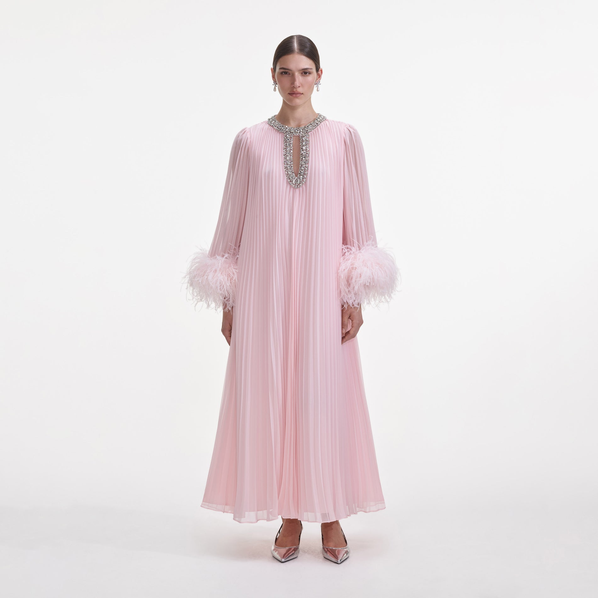 Pink Chiffon Feather Midi Dress