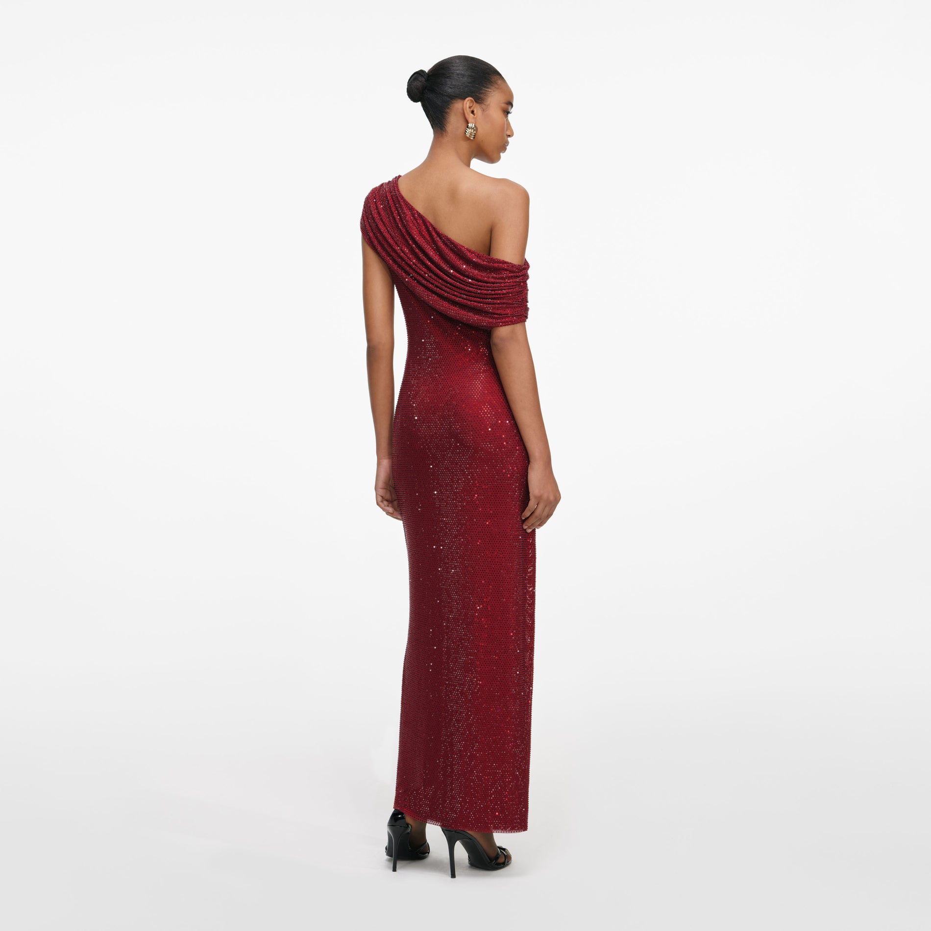 Back view of a woman wearing the Burgundy Rhinestone Drape Midi Dress