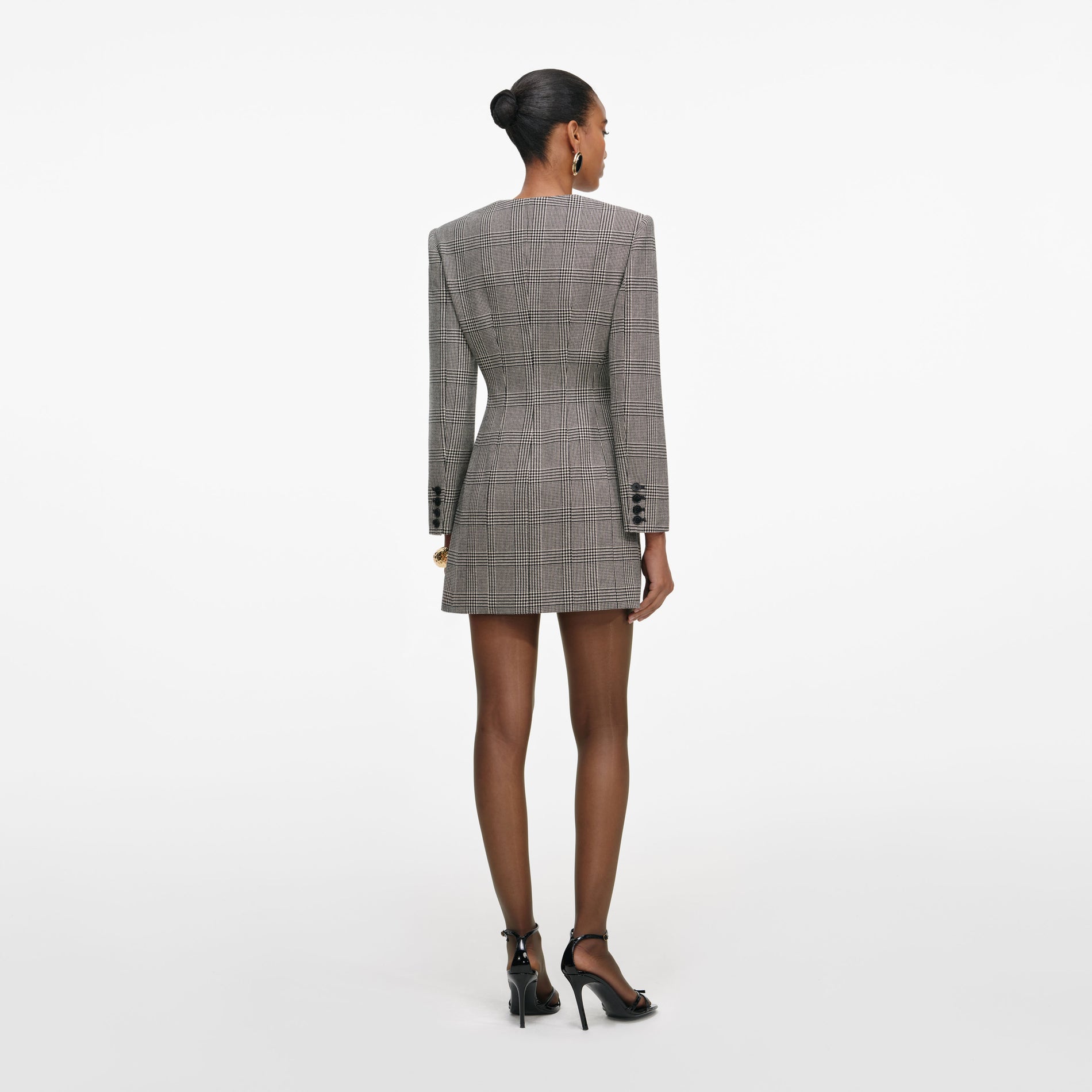 Back view of a woman wearing the Check Blazer Mini Dress