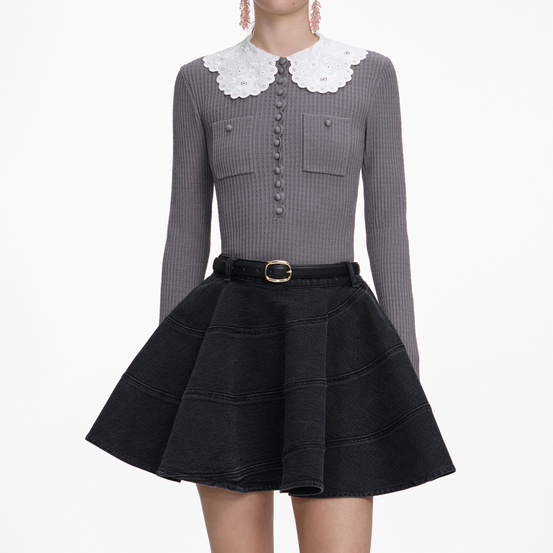 A close up of a woman wearing the Grey Lace Collar Knit Top