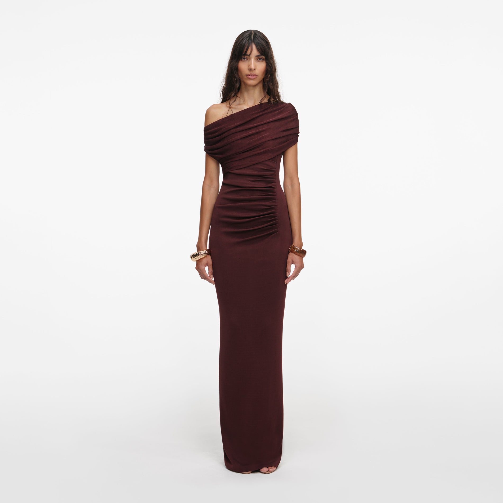 Front view of a woman wearing the Brown Draped Knit Midi Dress