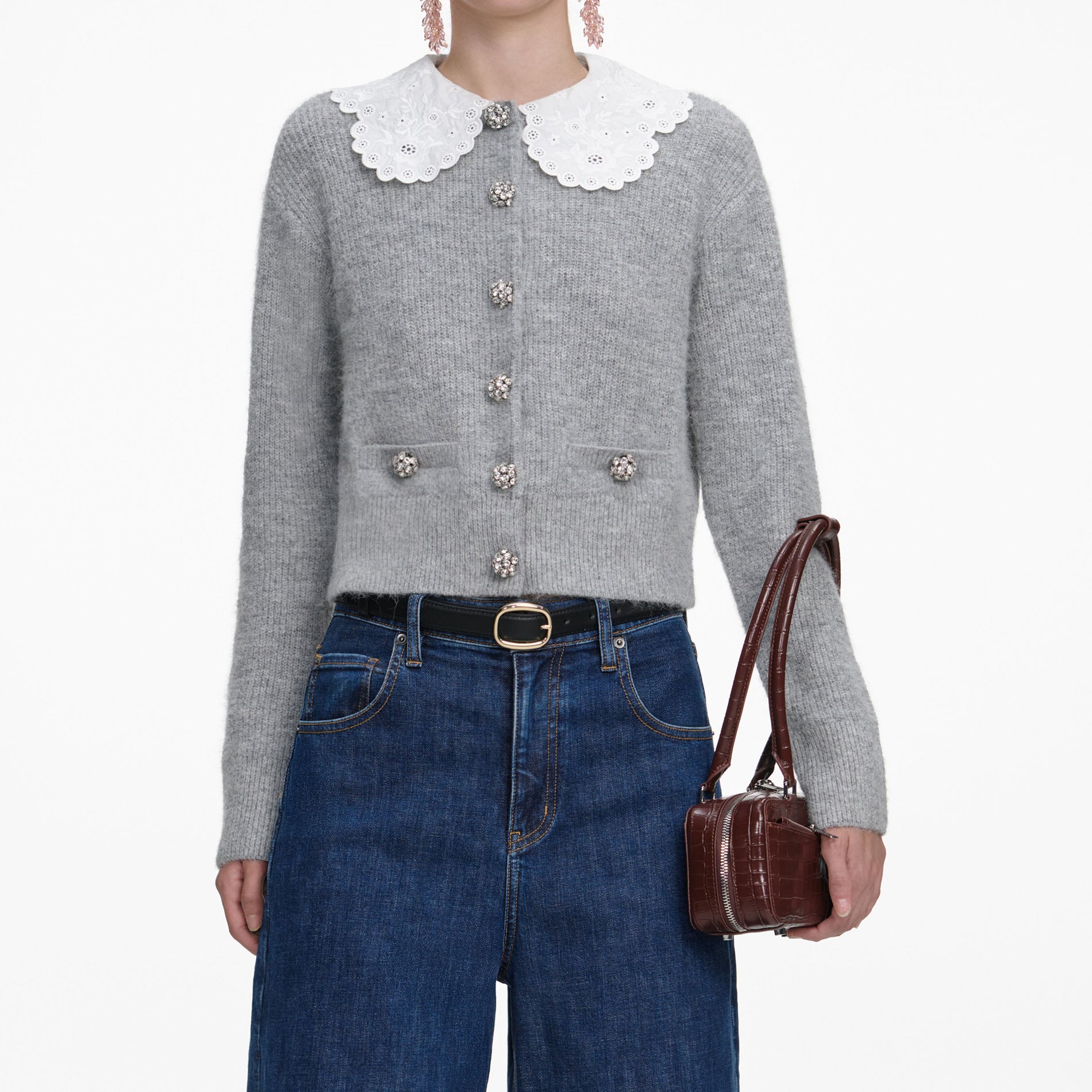 A close up of a woman wearing the Grey Lace Collar Cardigan