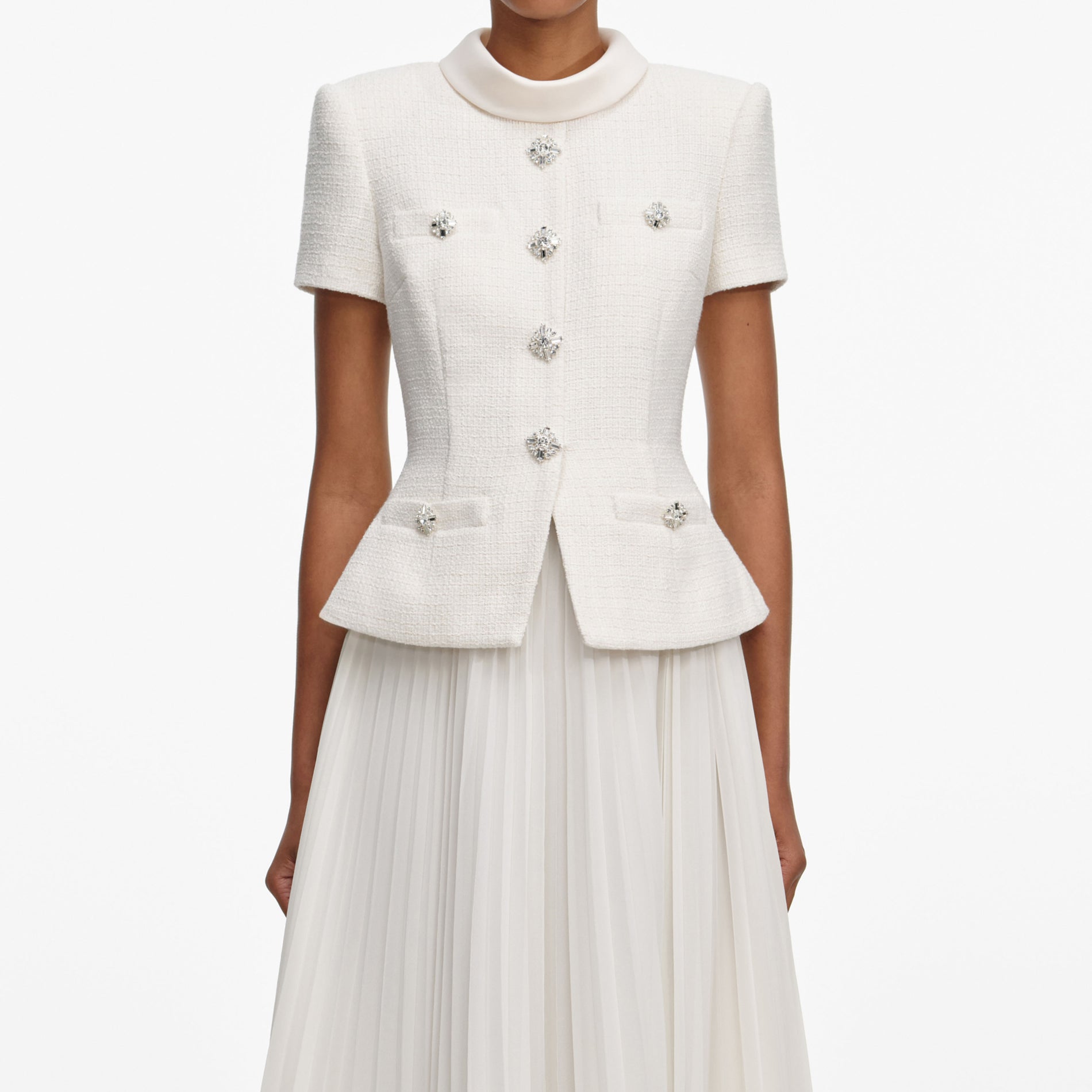 A close up of a woman wearing the Cream Boucle Collared Midi Dress