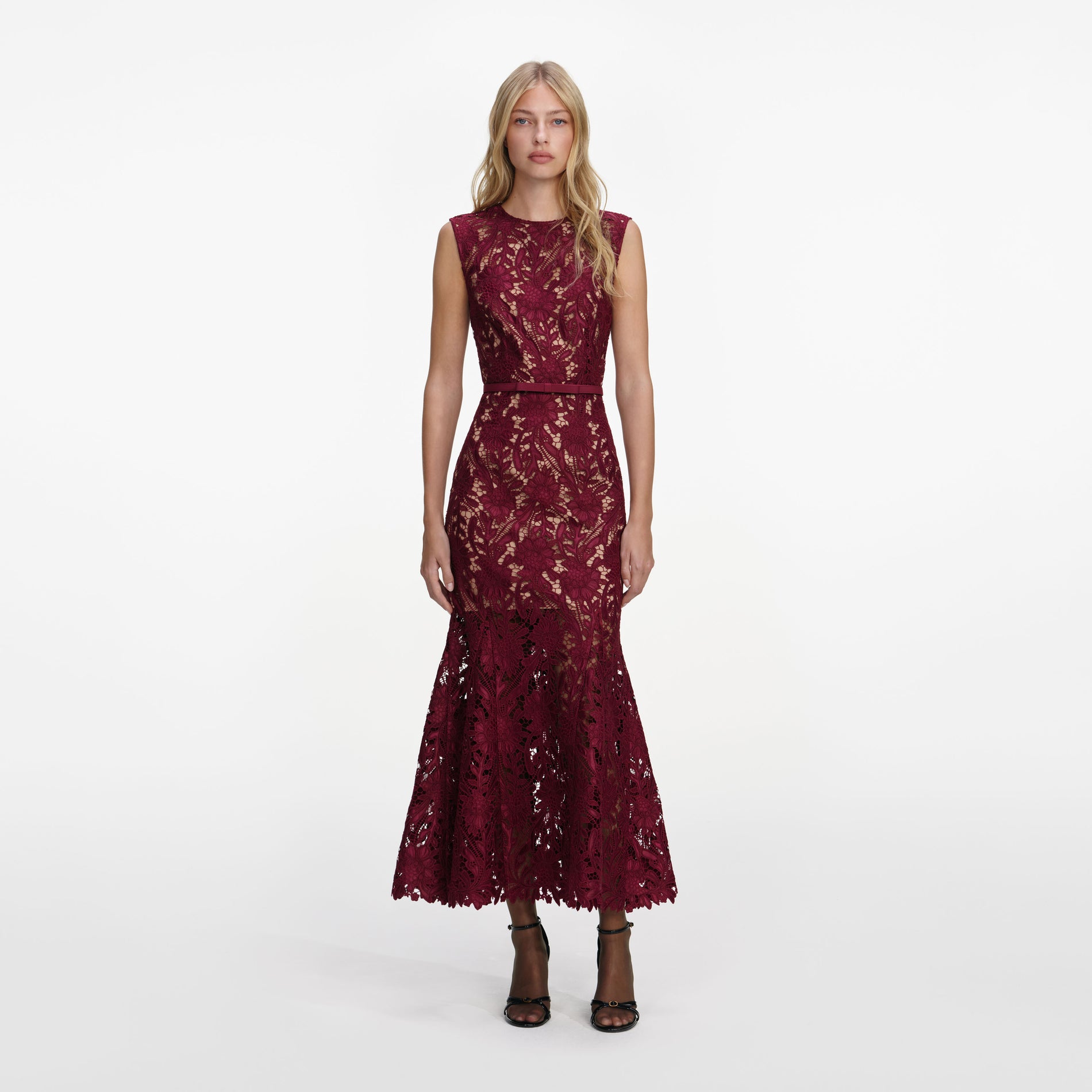 Front view of a woman wearing the Burgundy Guipure Lace Midi Dress