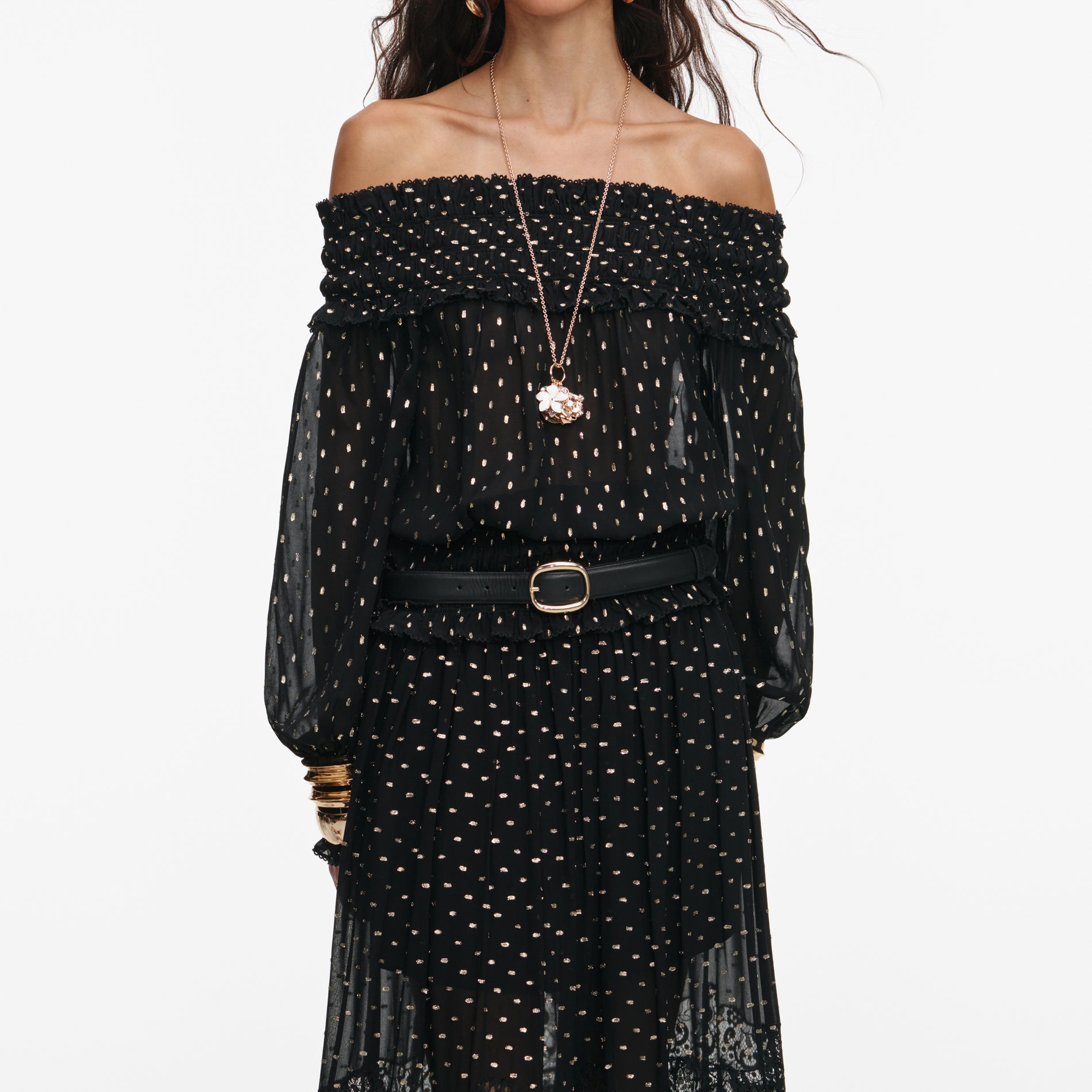 Black And Gold Chiffon Lace Maxi Skirt