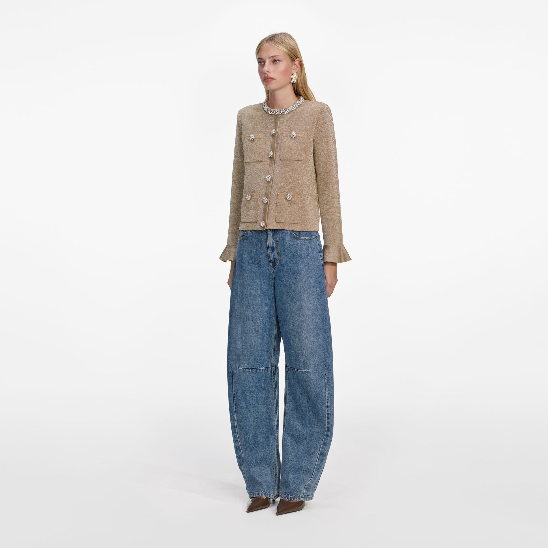 Side view of a woman wearing the Gold Crystal Trim Cardigan