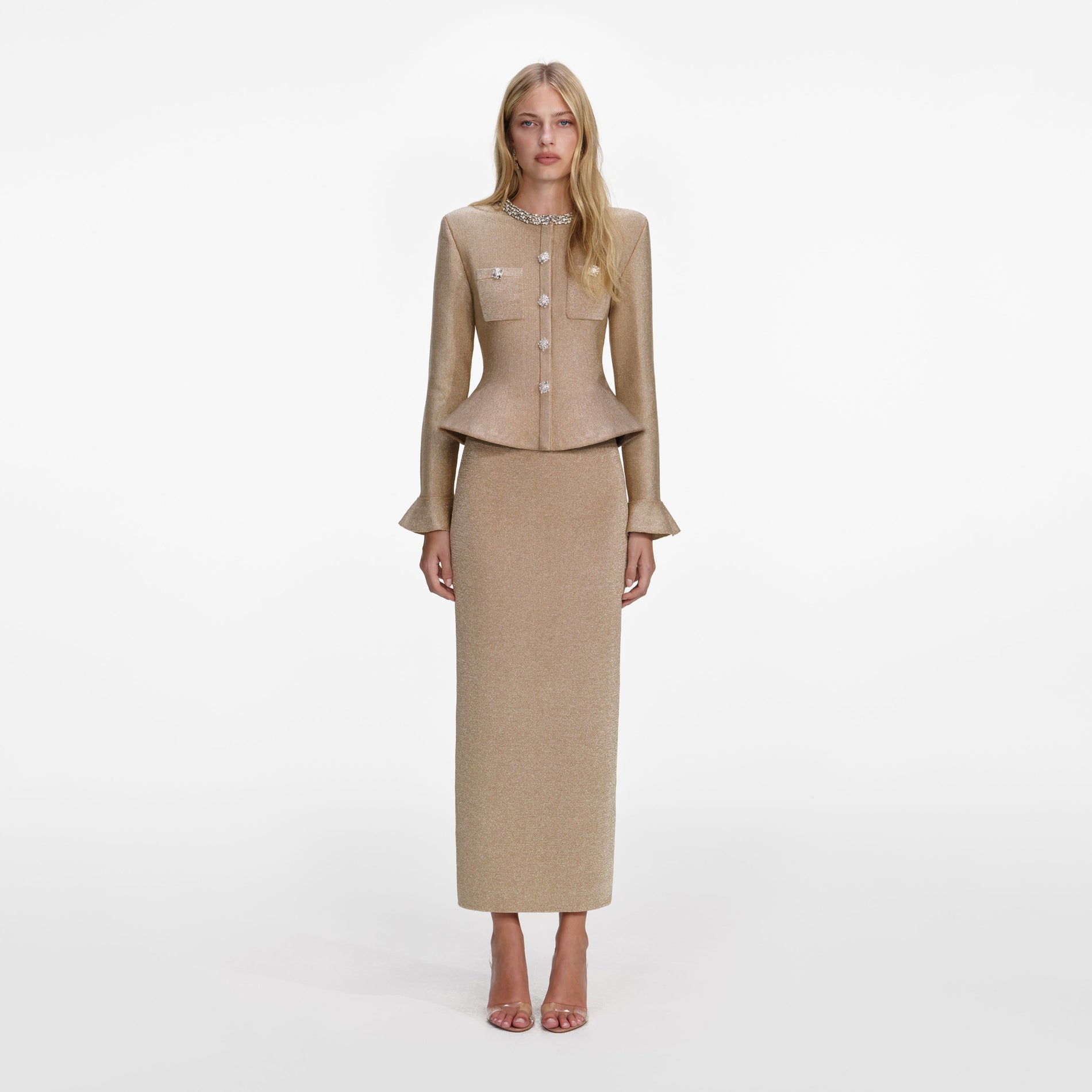 Front view of a woman wearing the Gold Crystal Trim Knit Midi Dress