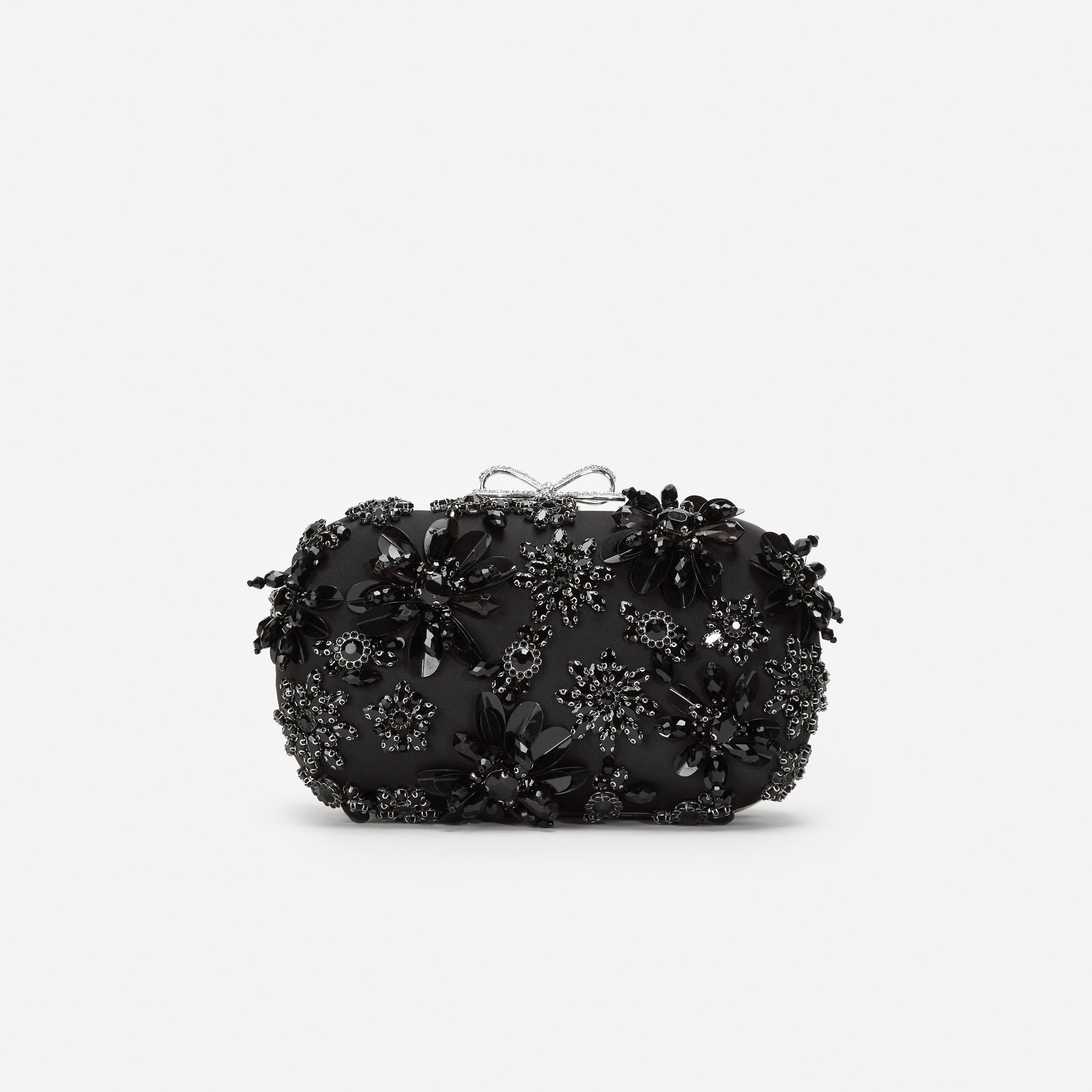 Black Satin Floral Crystal Clutch Bag