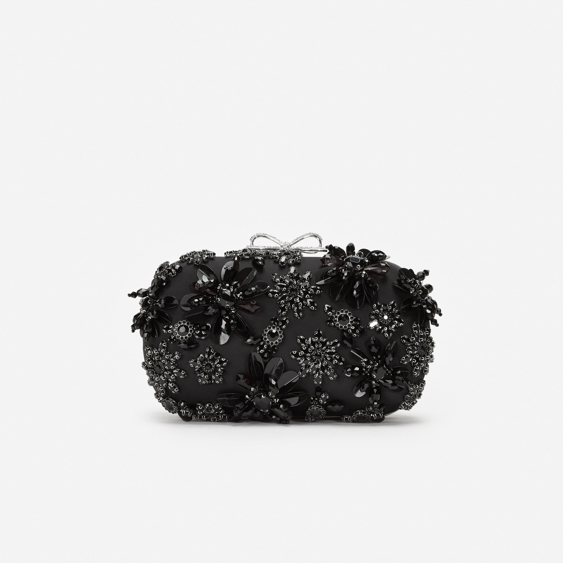 Black Satin Floral Crystal Clutch Bag