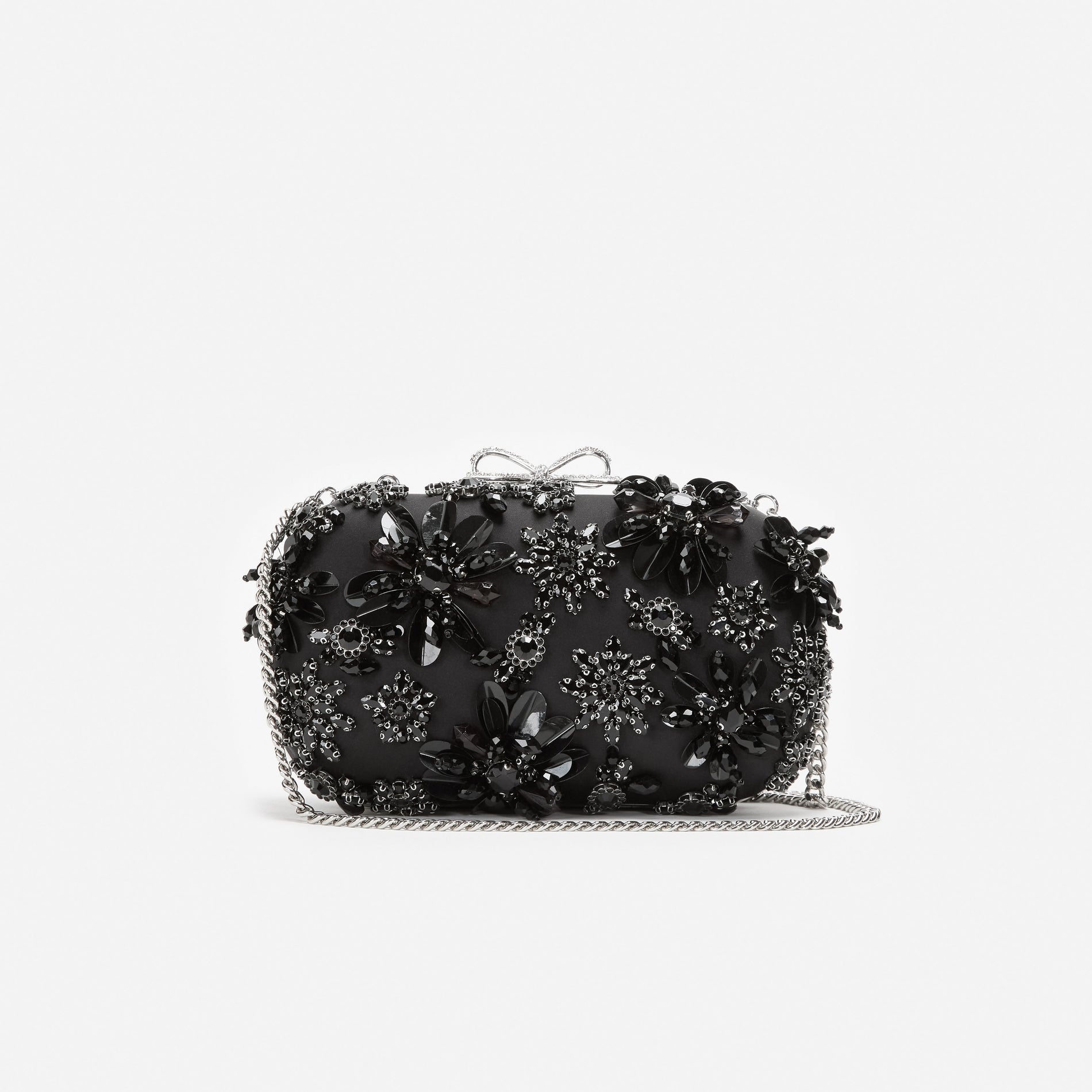 Black Satin Floral Crystal Clutch Bag