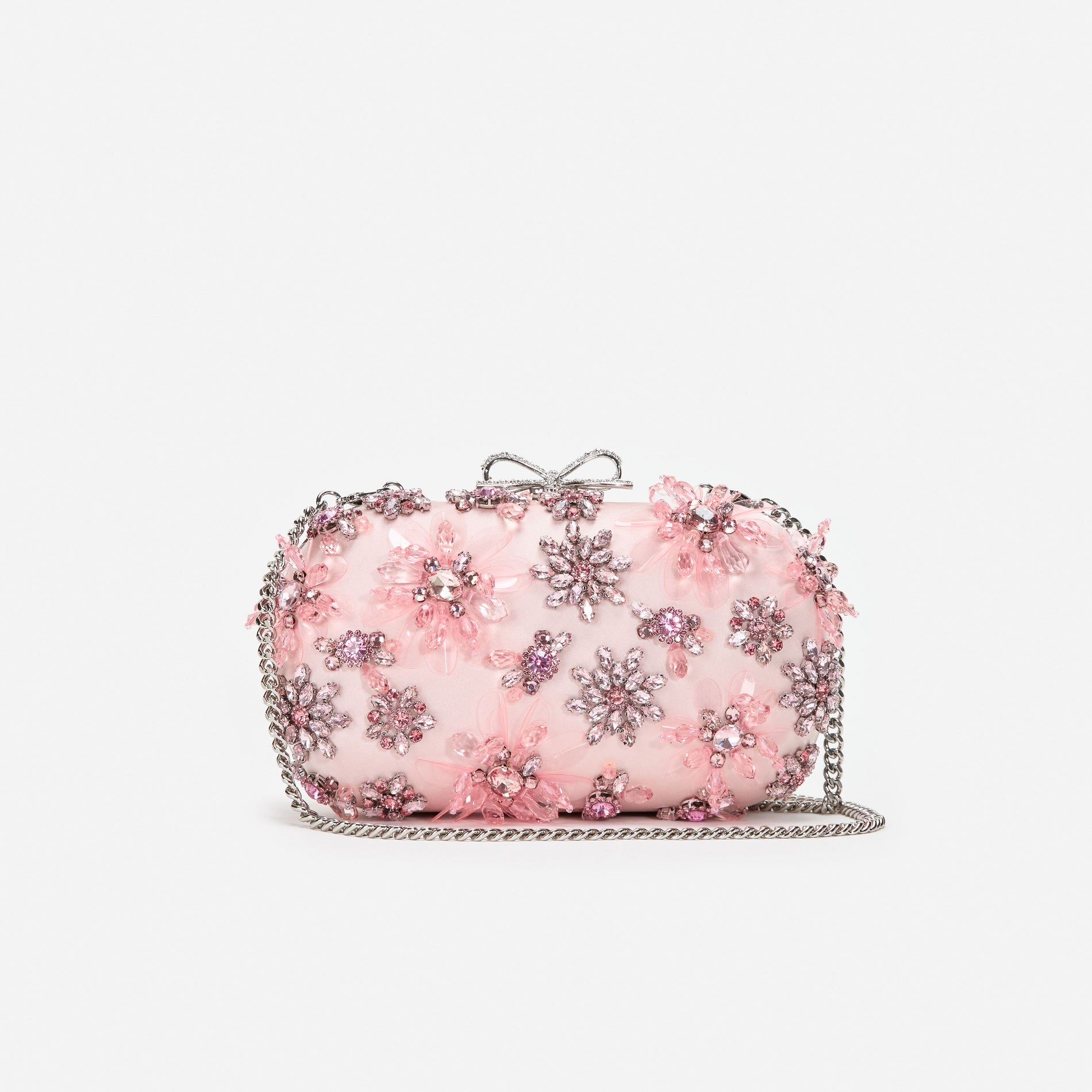 Pink Satin Floral Crystal Clutch