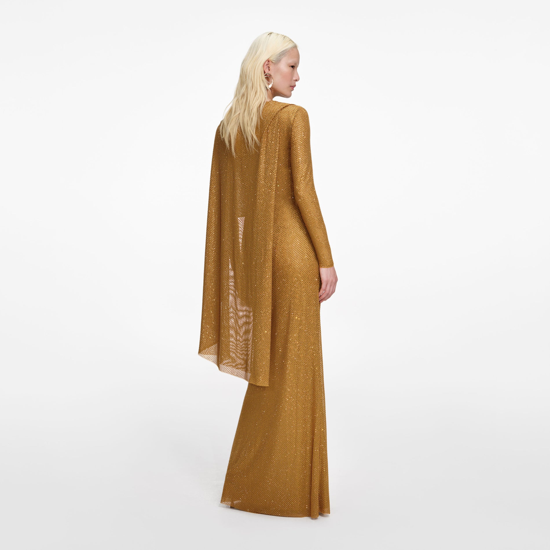 Back view of a woman wearing the Gold Rhinestone Drape Maxi Dress