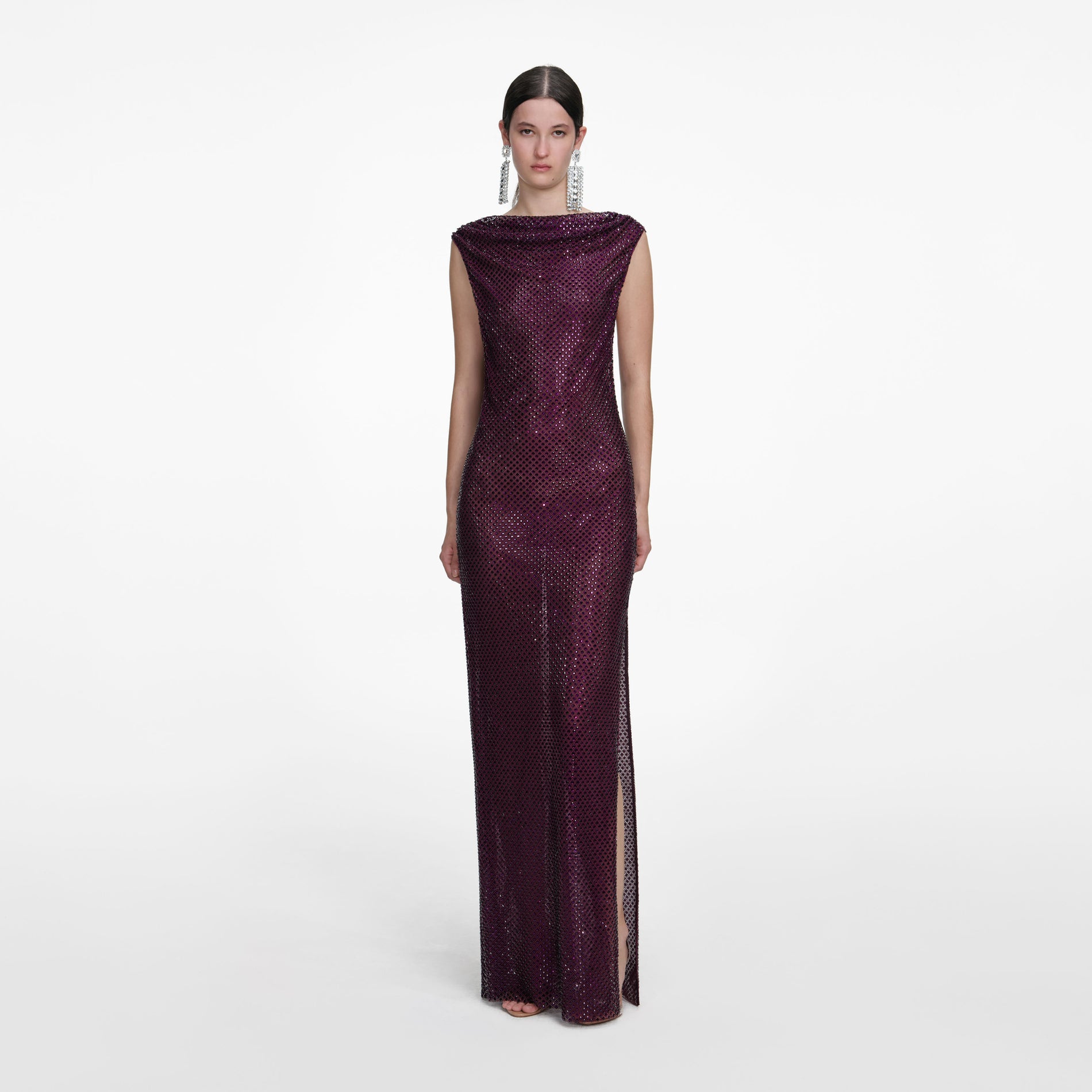 Front view of a woman wearing the Burgundy Rhinestone Drape Maxi Dress