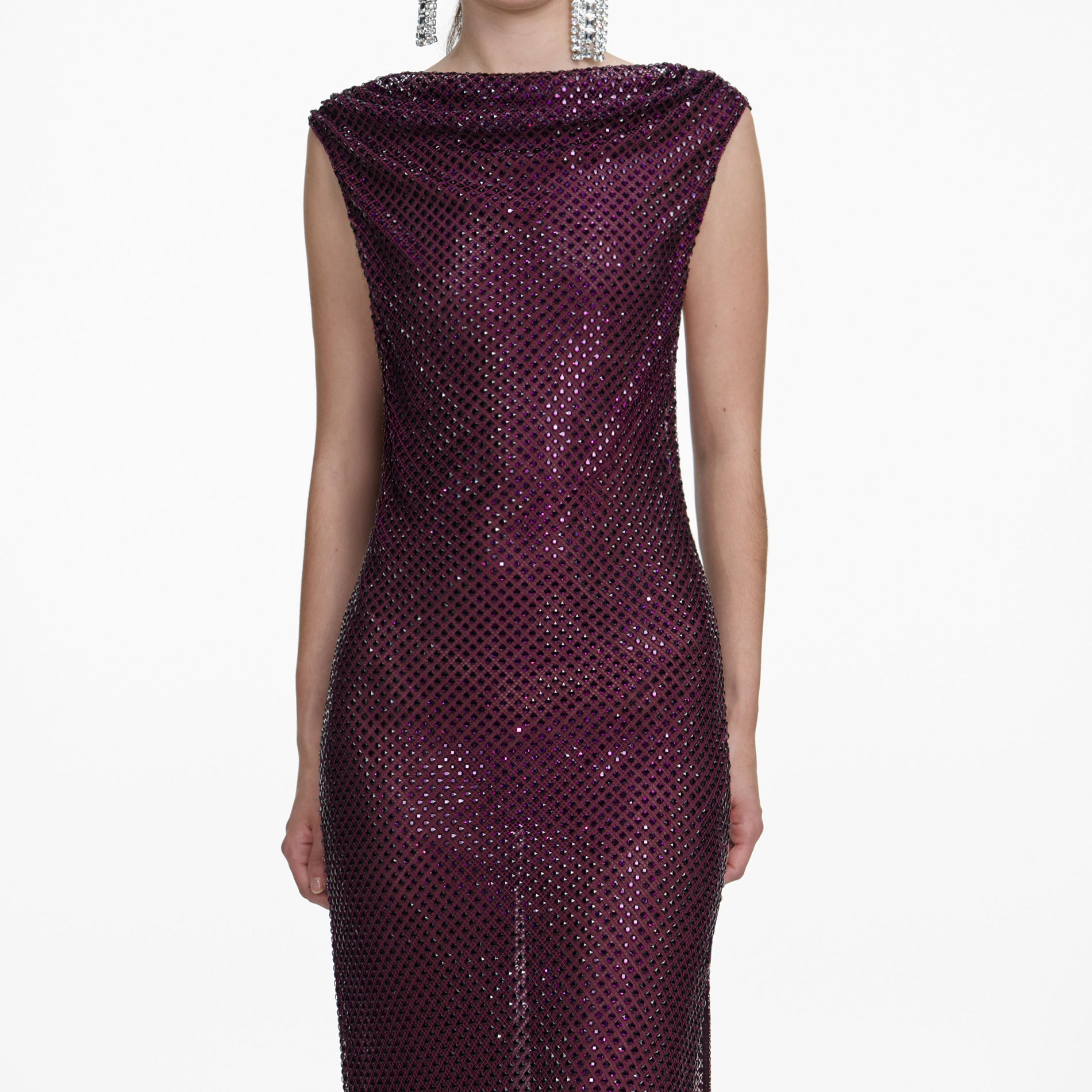 A close up of a woman wearing the Burgundy Rhinestone Drape Maxi Dress