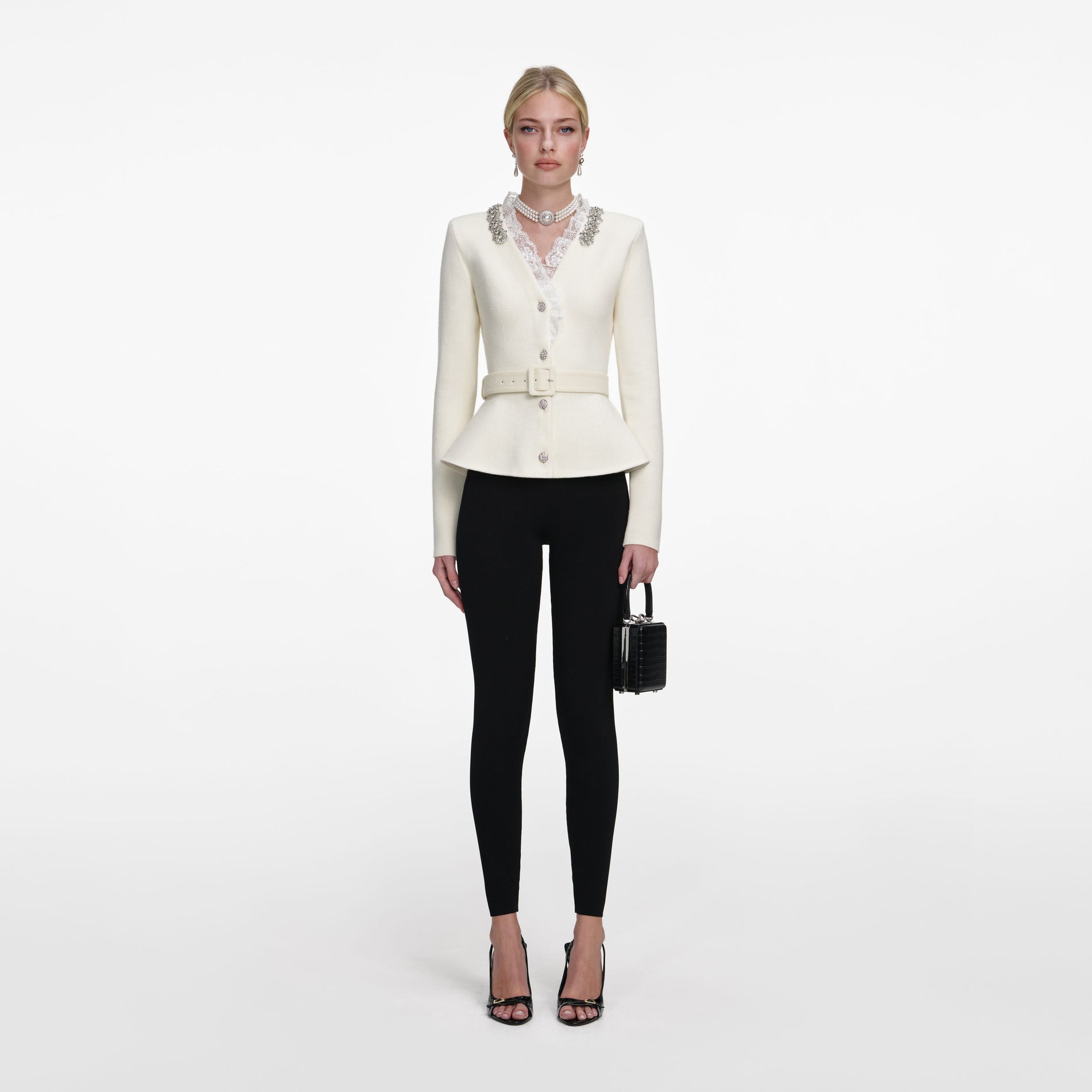 Front view of a woman wearing the Cream Crystal Trim Cardigan