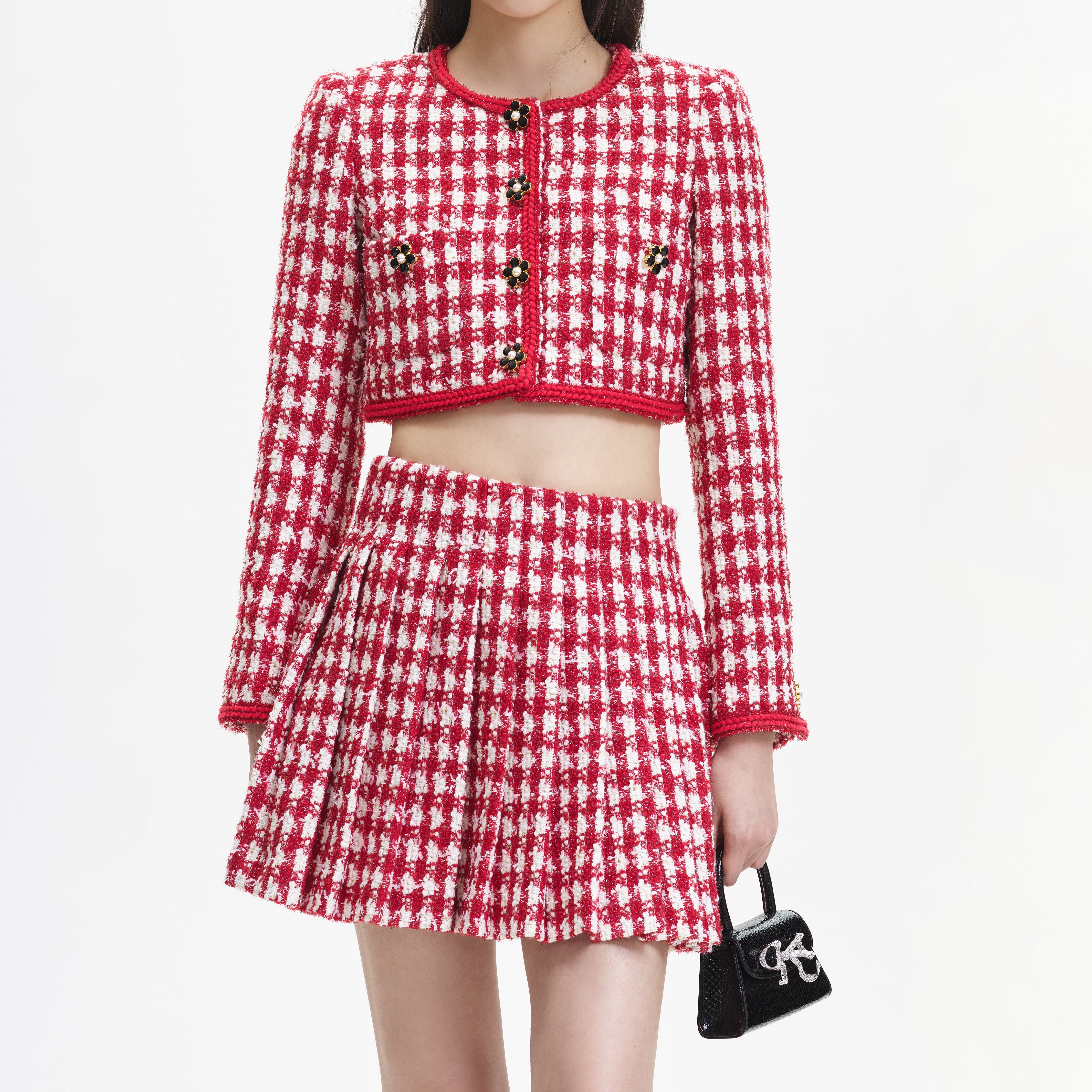 Red Check Boucle Pleated Mini Skirt – self-portrait