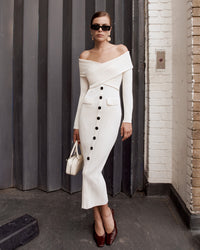 Cream Off Shoulder Knit Midi Dress