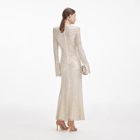 Cream Square Rhinestone Fishnet Midi Dress