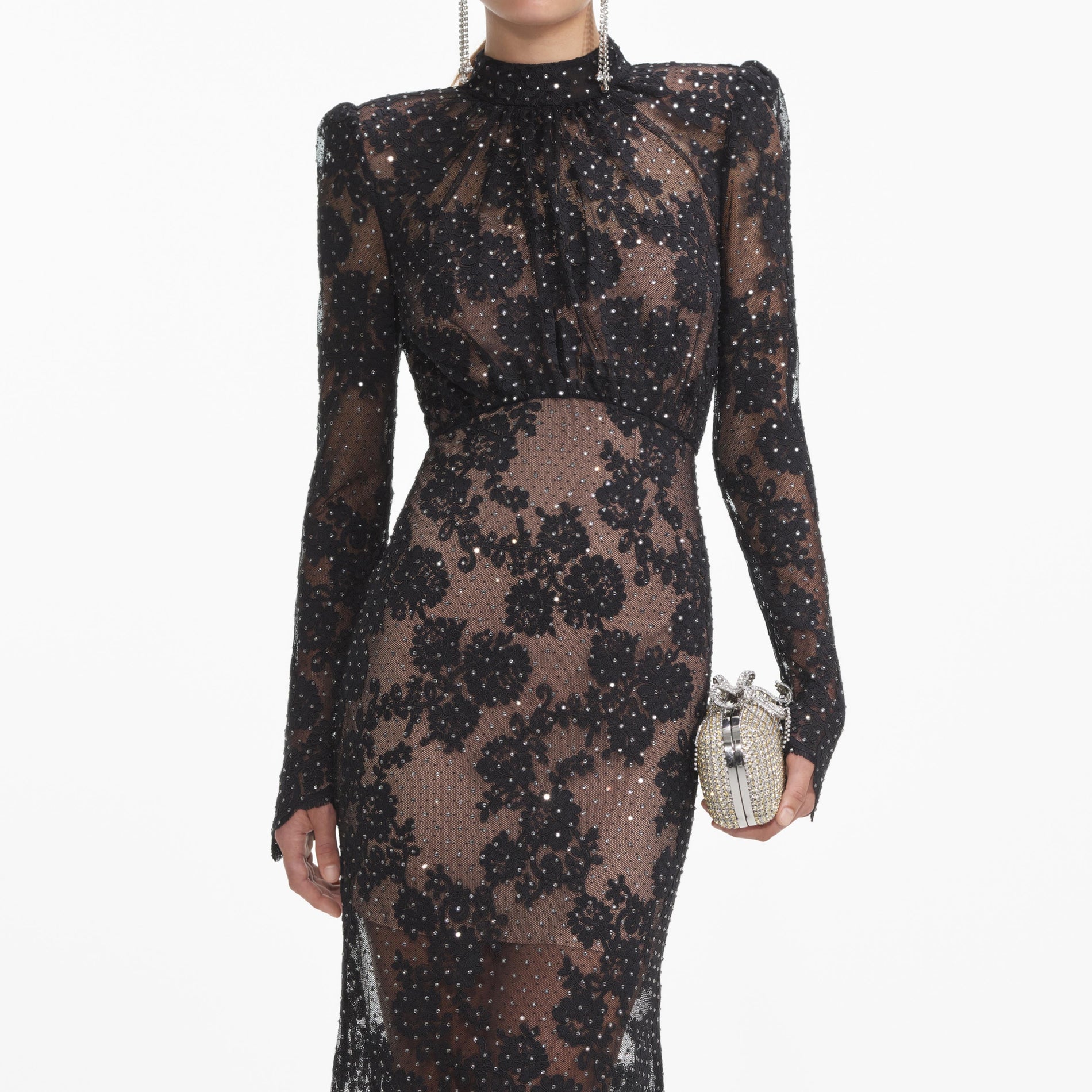 A close up of a woman wearing the Black Rhinestone Lace Maxi Dress