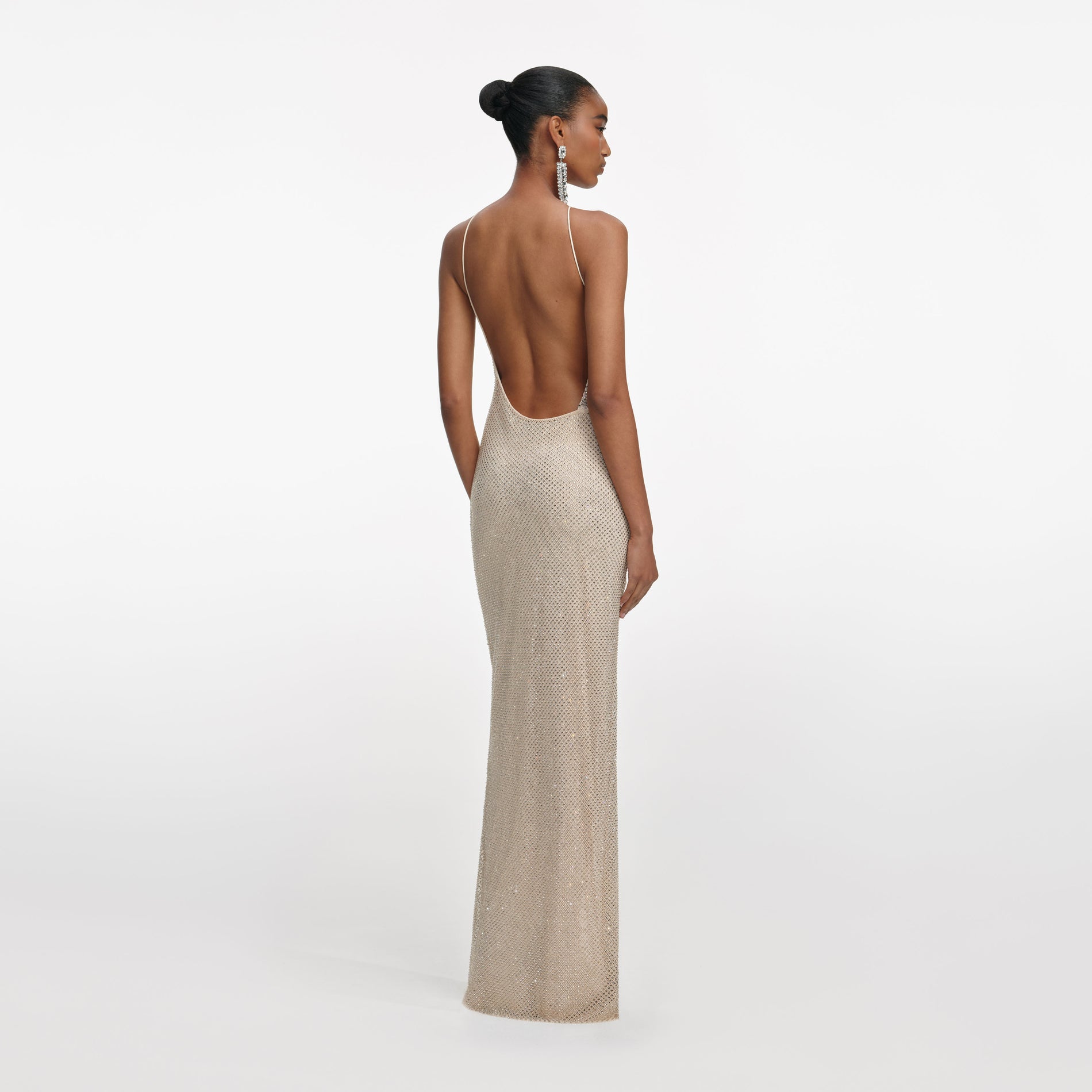 Back view of a woman wearing the Champagne Rhinestone Lace Trim Maxi Dress