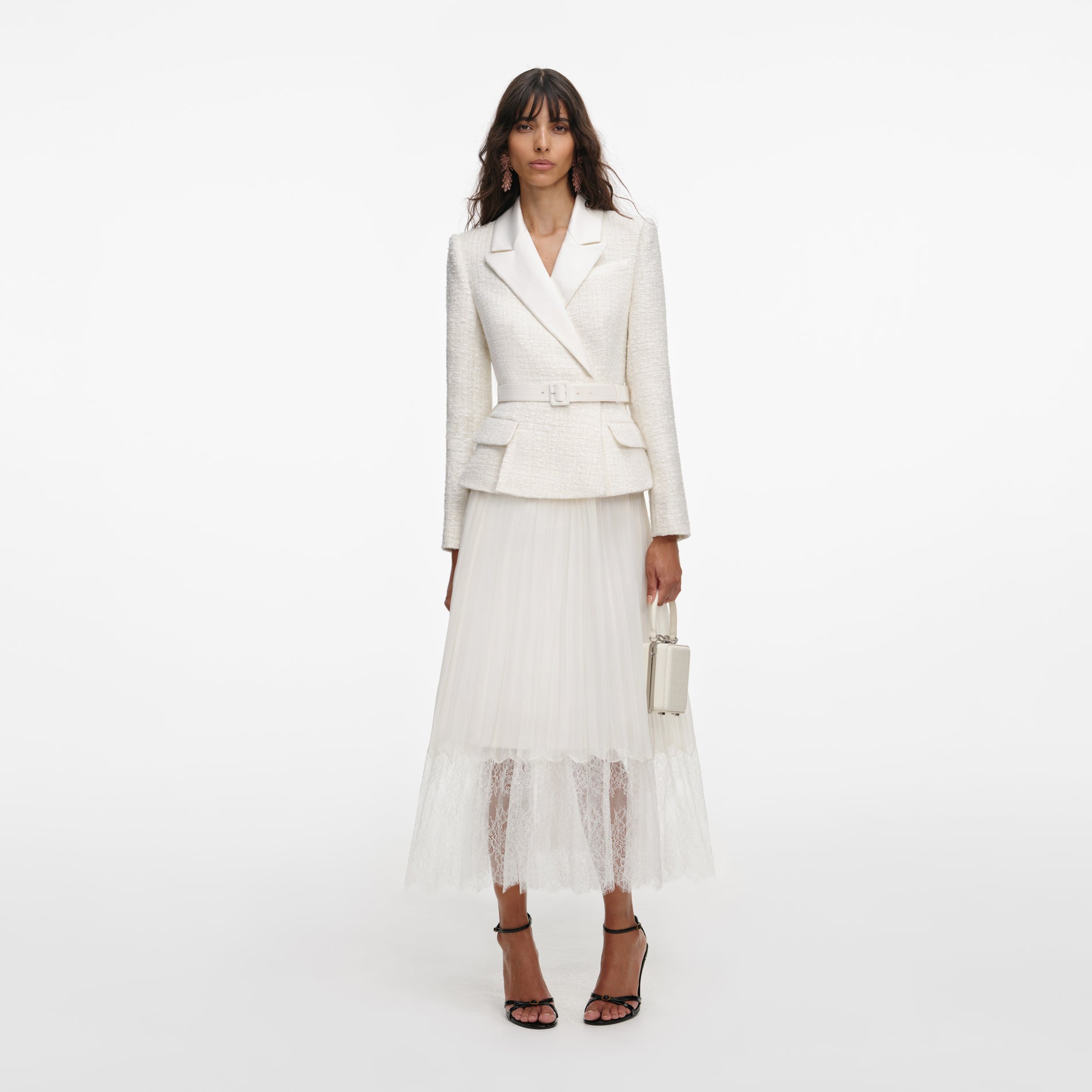 Cream Tailored Bouclé And Chiffon Midi Dress