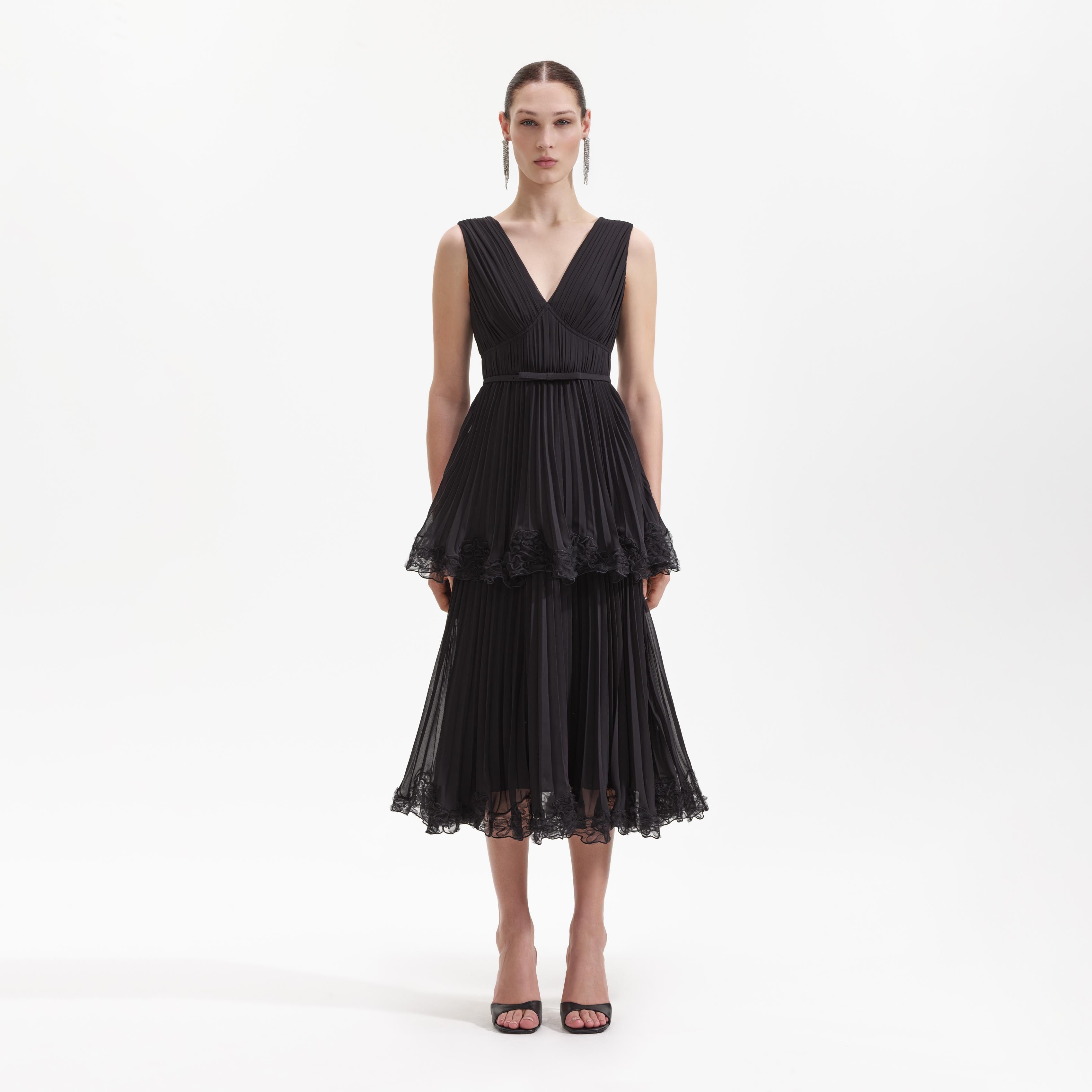 Black Chiffon Tier Midi Dress – self-portrait