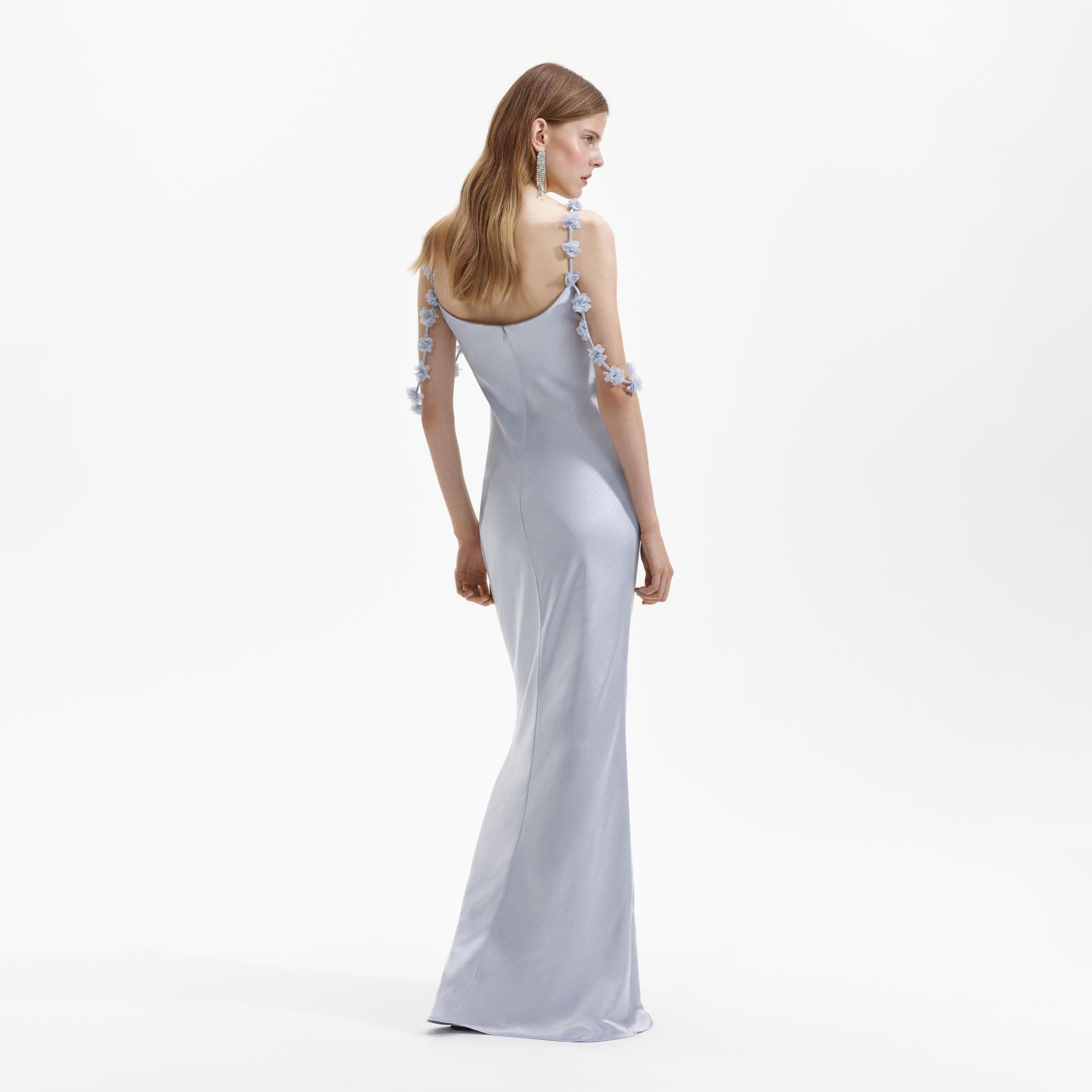 Blue Satin Flower Maxi Dress – self-portrait