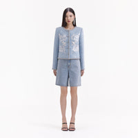 Blue Hand Embroidered Chrysanthemum Boucle Jacket